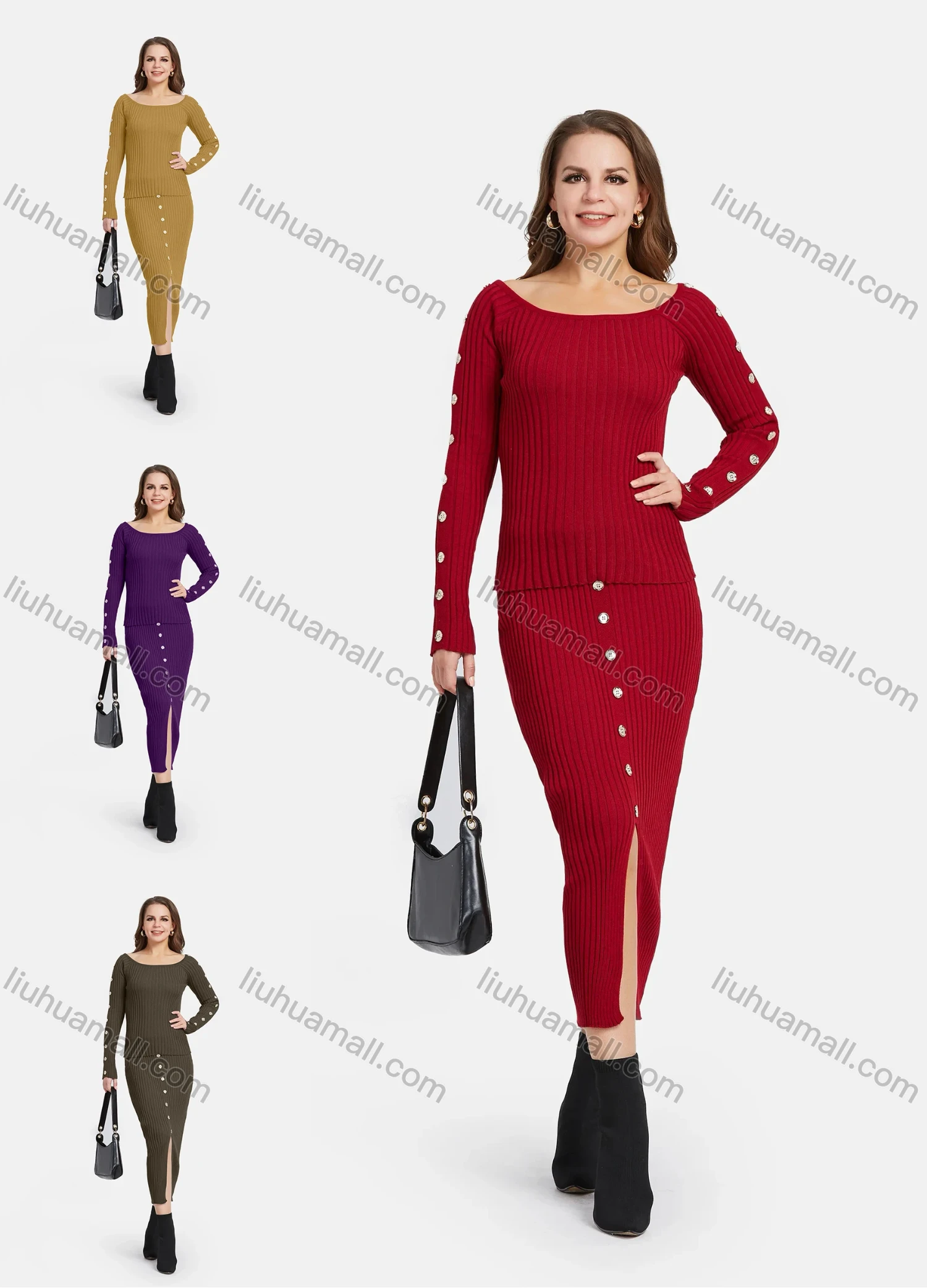 Wholesale Women's Ribbed Boat Neck Button Decro Knit Top & Split Front Bodycon Skirt 2 Piece Set - Liuhuamall