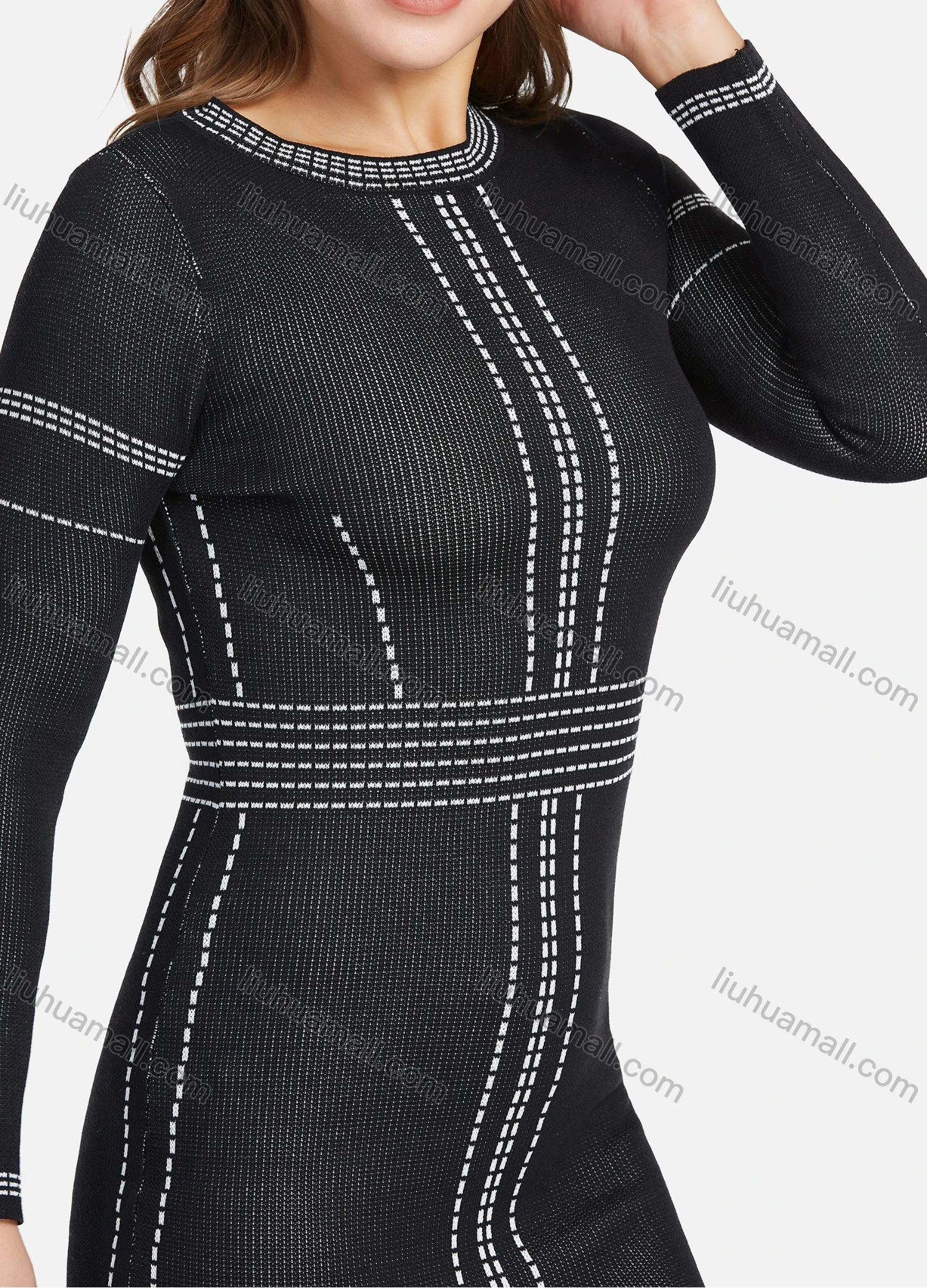 Wholesale Women's High Waist Crew Neck Long Sleeve Front Split Slim Knit Midi Dress 2137# - Liuhuamall