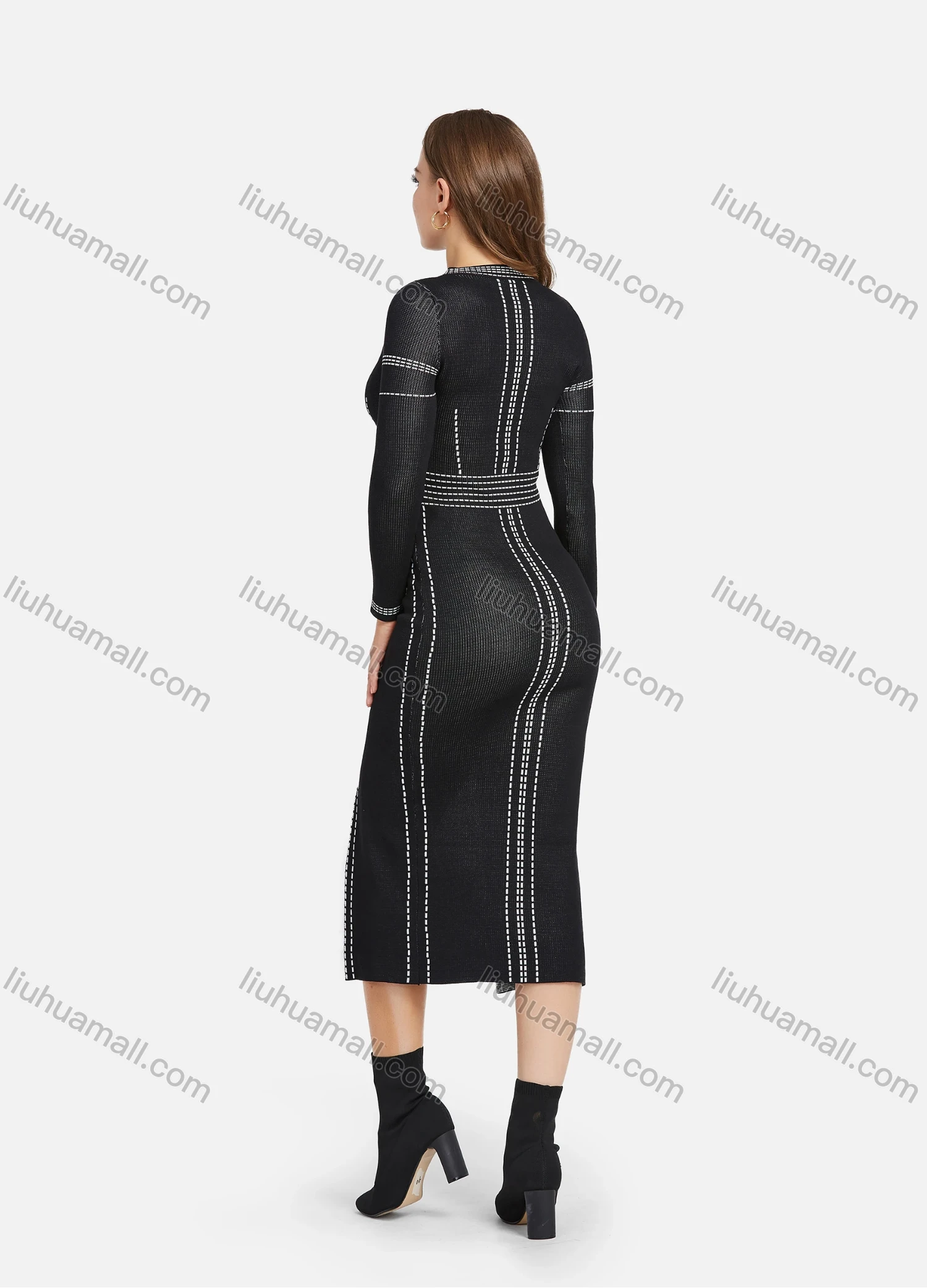 Wholesale Women's High Waist Crew Neck Long Sleeve Front Split Slim Knit Midi Dress 2137# - Liuhuamall