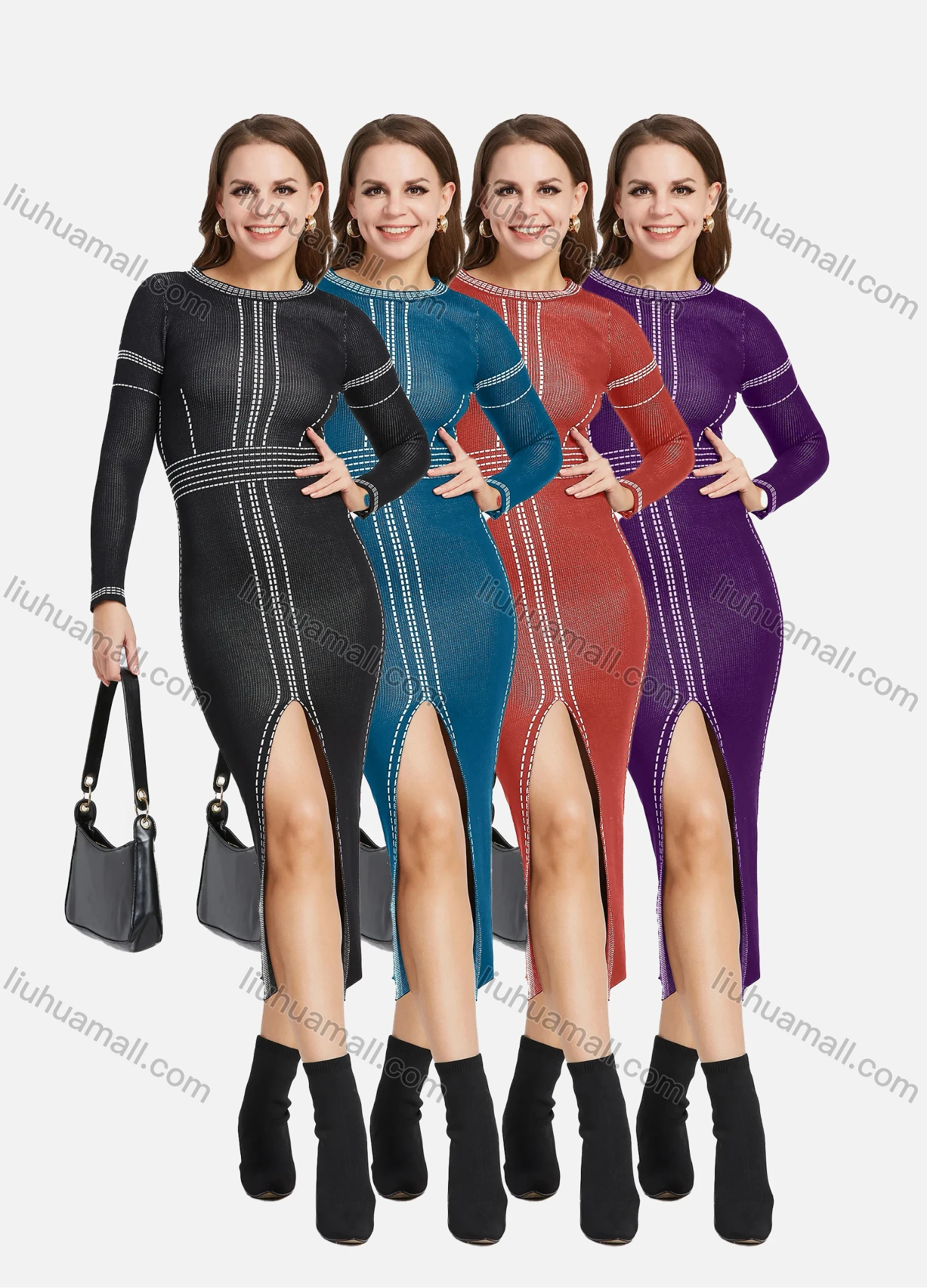 Wholesale Women's High Waist Crew Neck Long Sleeve Front Split Slim Knit Midi Dress 2137# - Liuhuamall