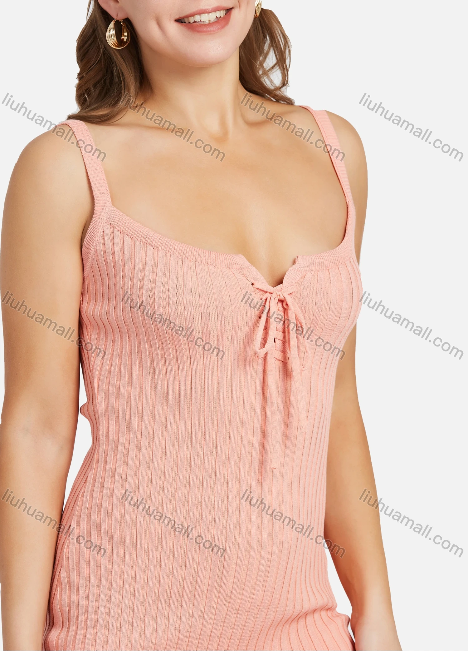 Wholesale Women's Casual Lace Up Slim Fit Notched Collar Cami Ribbed Knit Short Dress - Liuhuamall