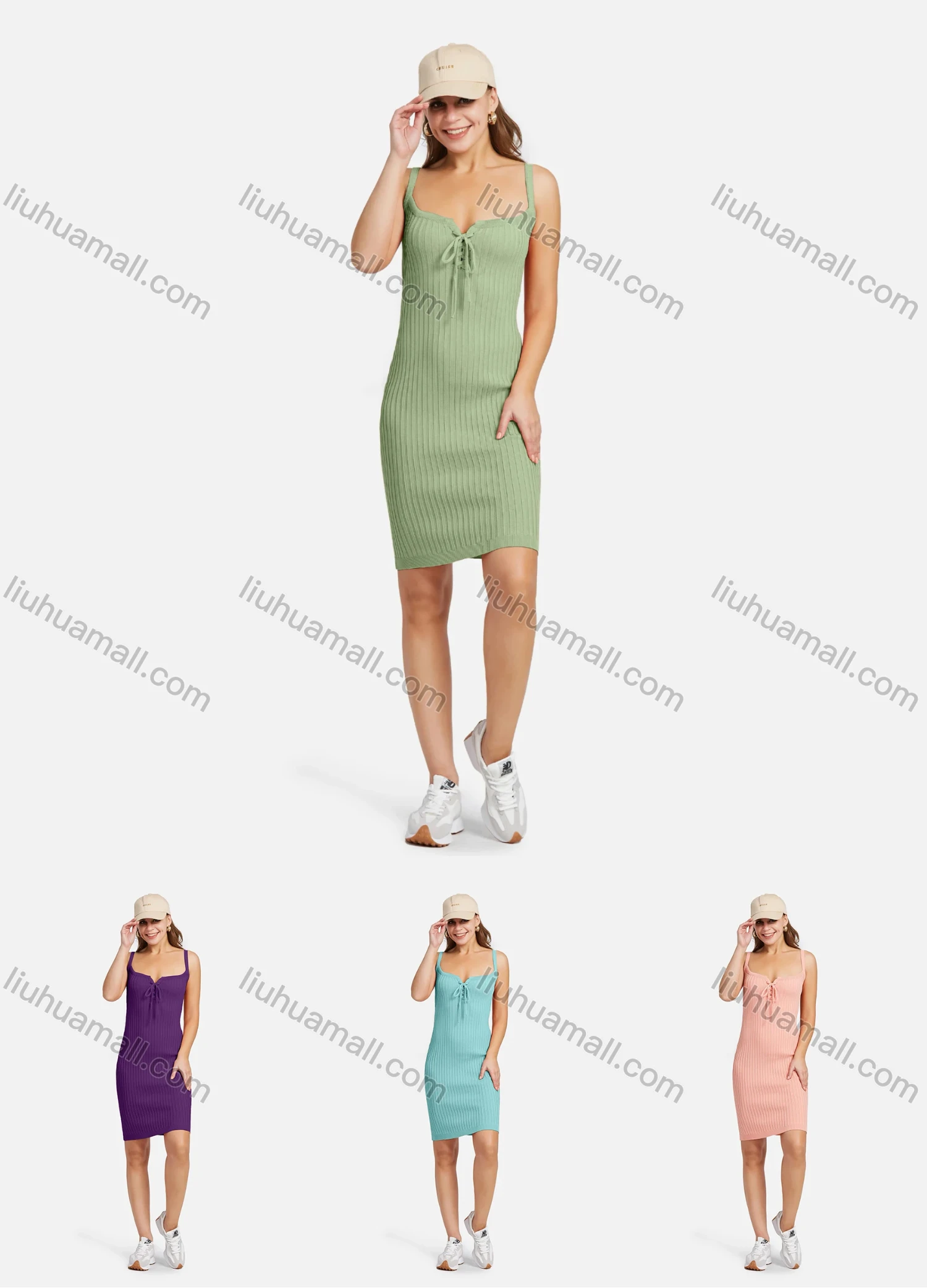 Wholesale Women's Casual Lace Up Slim Fit Notched Collar Cami Ribbed Knit Short Dress - Liuhuamall