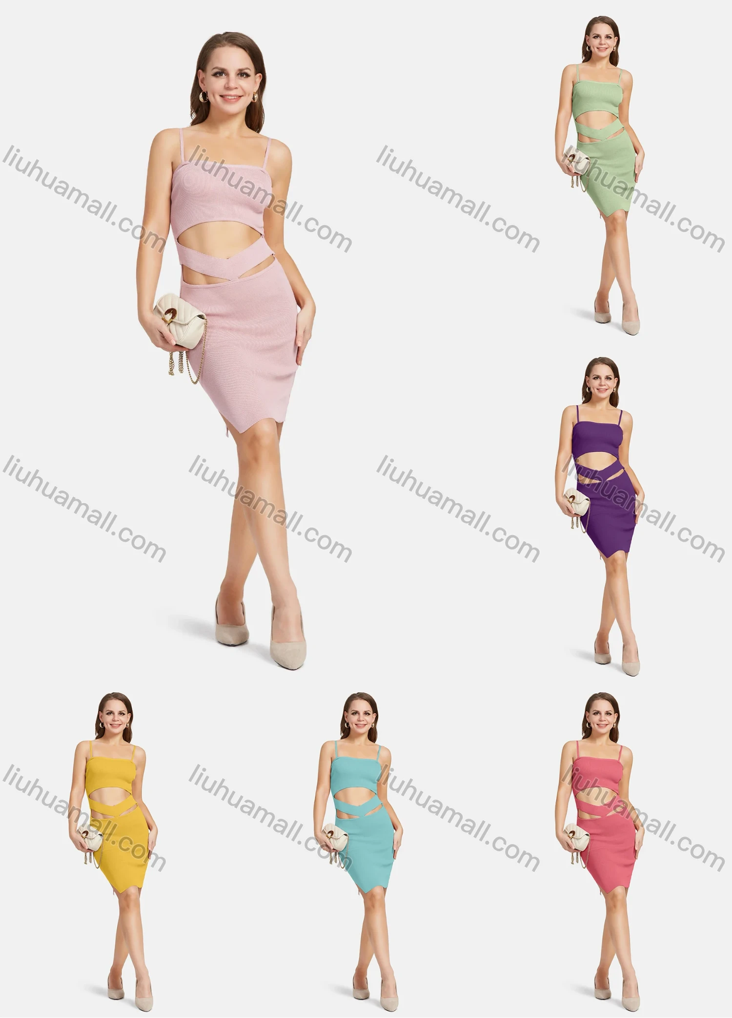 Wholesale Women's Sexy Plain Cutout Split Side Club Slim Cami Knit Dress 2122# - Liuhuamall