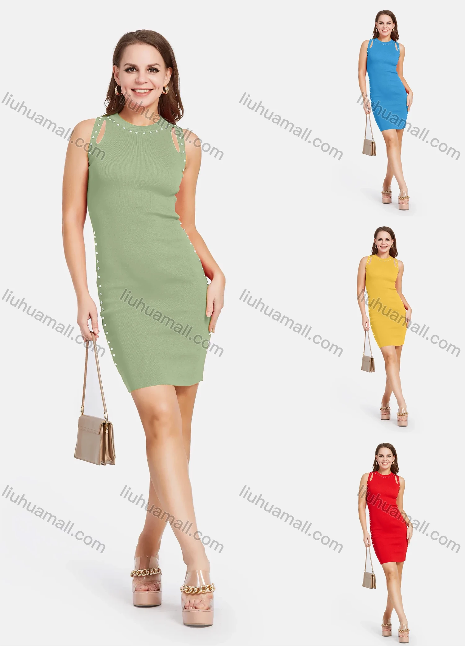 Wholesale Women's Elegant Sleeveless Rivet Decor Slim Knit Short Dress - Liuhuamall