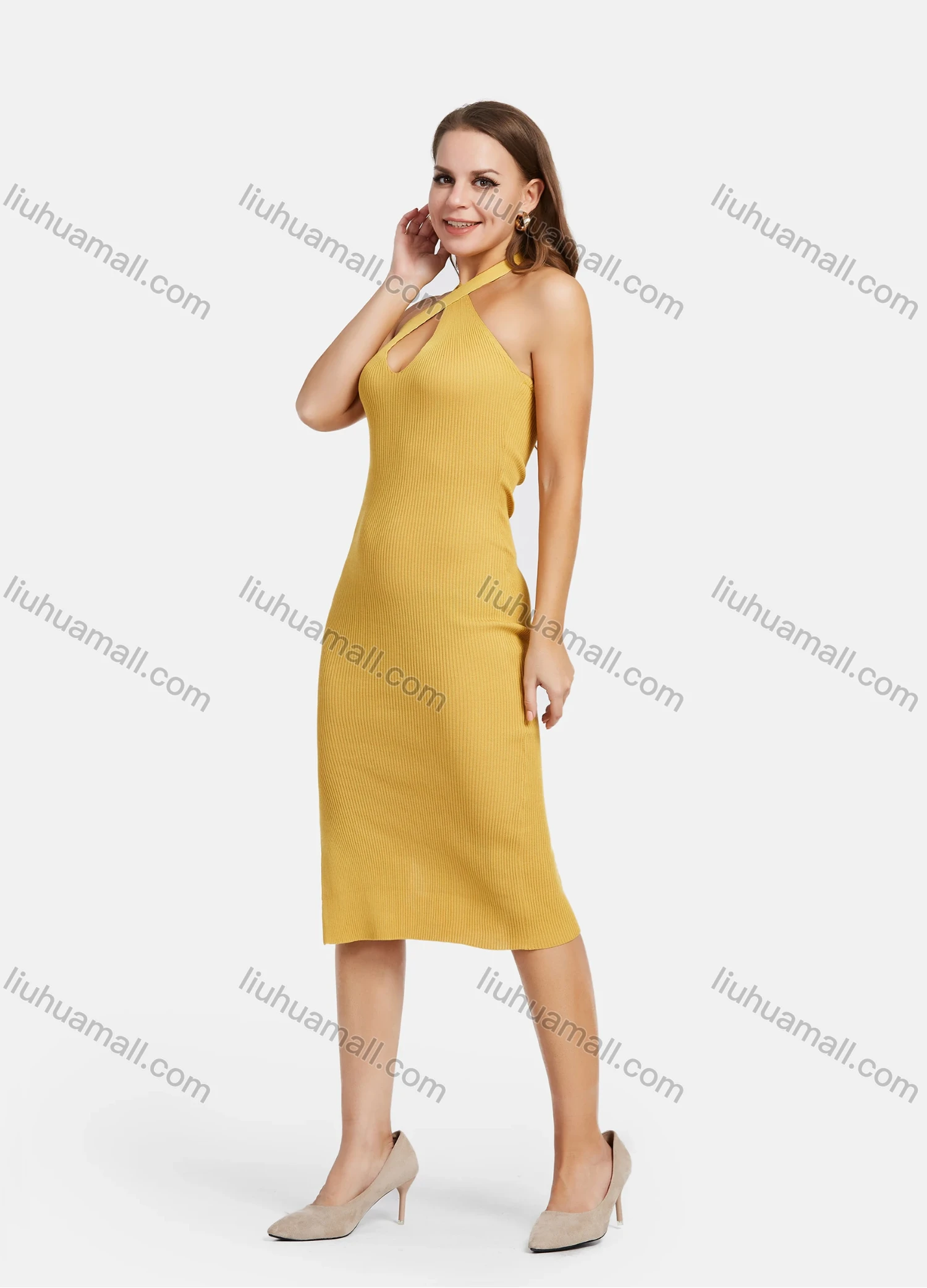 Wholesale Women's Sexy Cross Straps Chested Hollow Side Split Slim Ribbed Knit Halter Knee Length Dress 2153# - Liuhuamall