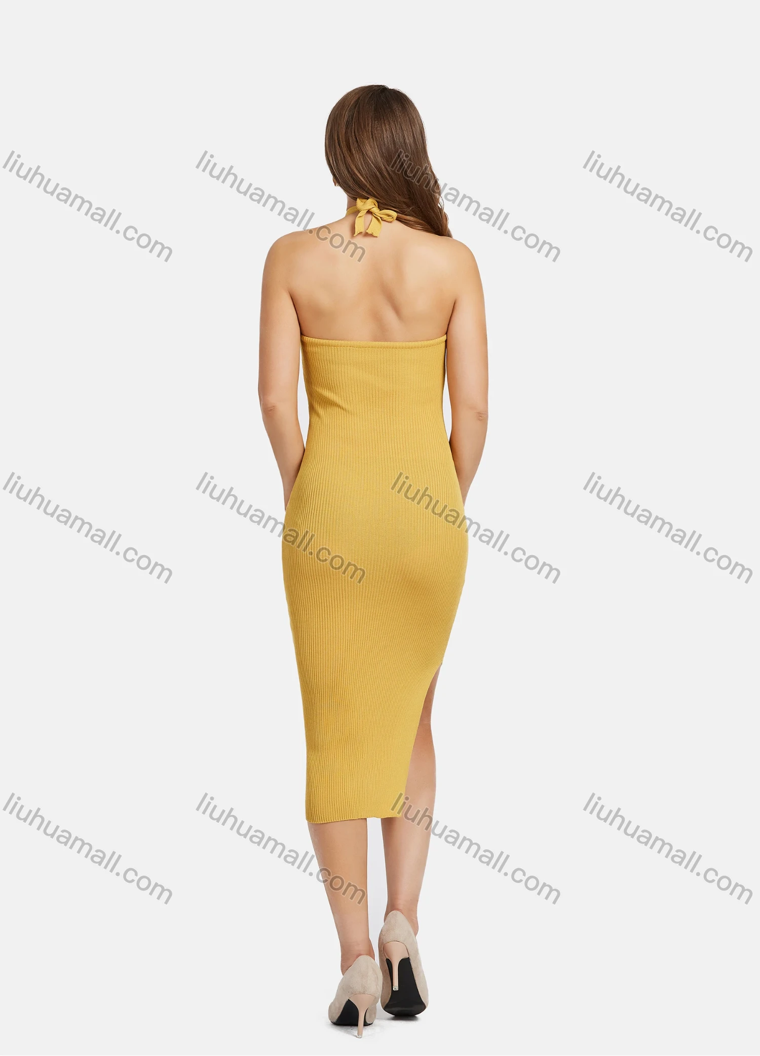 Wholesale Women's Sexy Cross Straps Chested Hollow Side Split Slim Ribbed Knit Halter Knee Length Dress 2153# - Liuhuamall