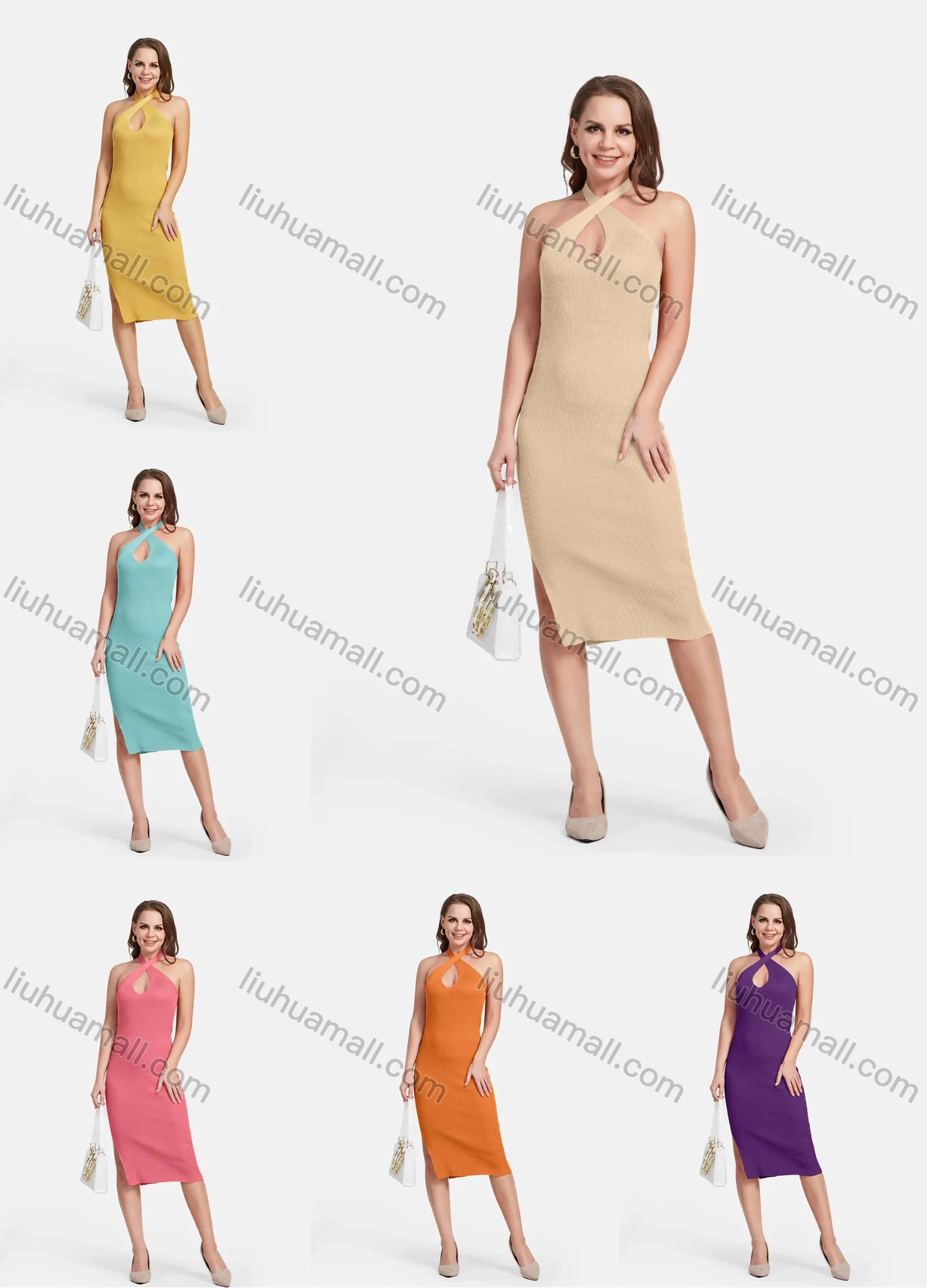 Wholesale Women's Sexy Cross Straps Chested Hollow Side Split Slim Ribbed Knit Halter Knee Length Dress 2153# - Liuhuamall