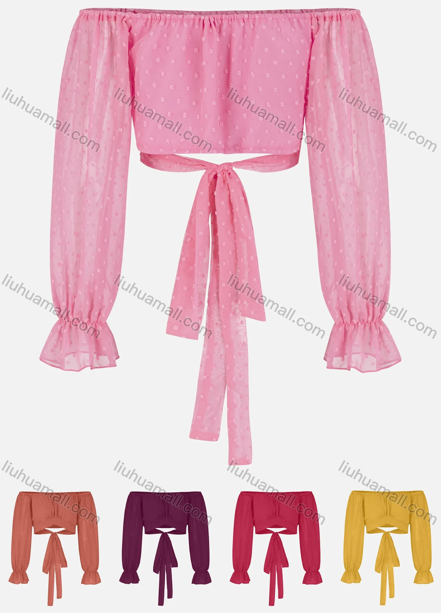 Wholesale Women's Sexy Bishop Sleeve Off Shoulder Bowknot Slim Fit Crop Blouse - Liuhuamall