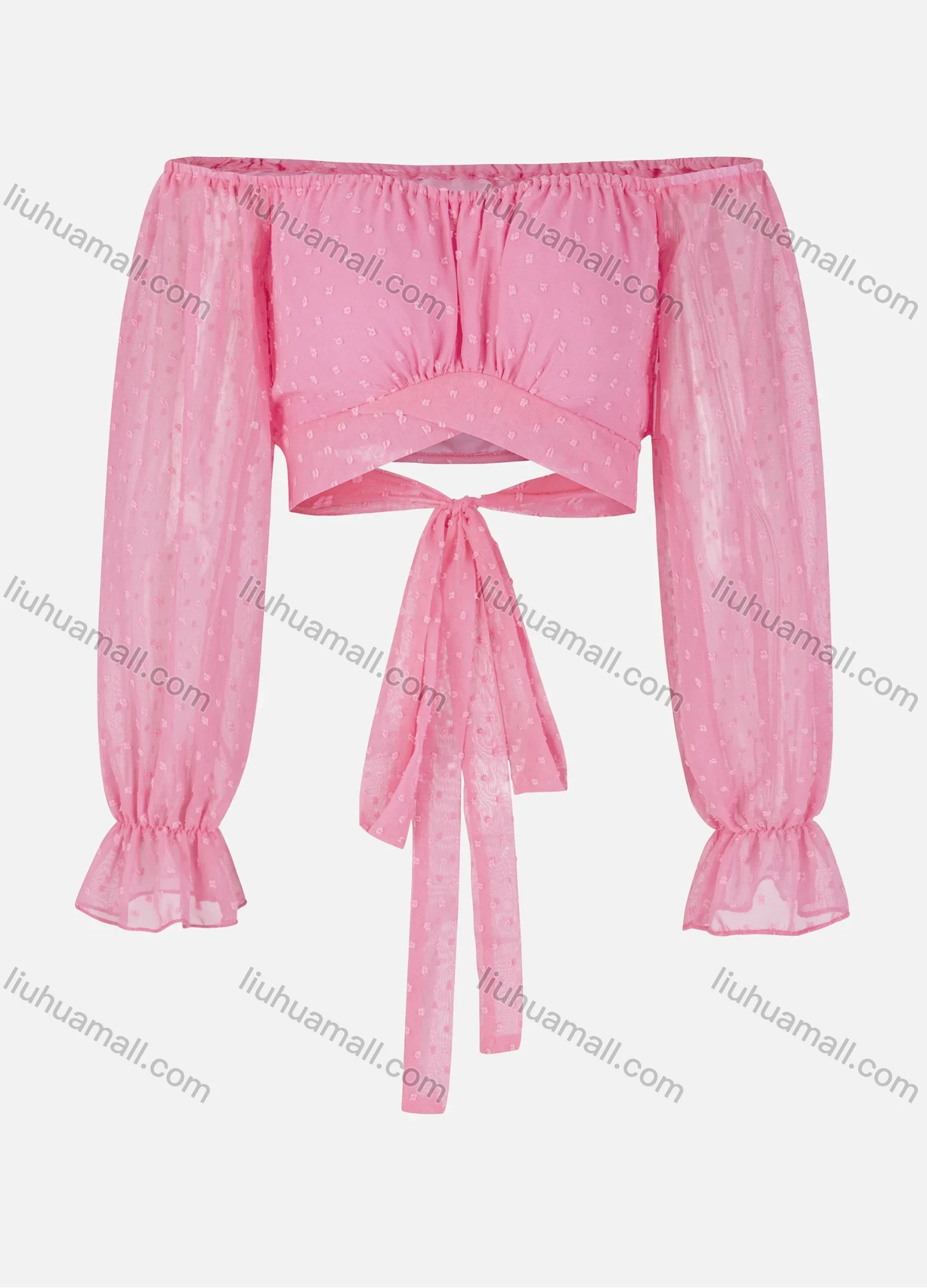 Wholesale Women's Sexy Bishop Sleeve Off Shoulder Bowknot Slim Fit Crop Blouse - Liuhuamall