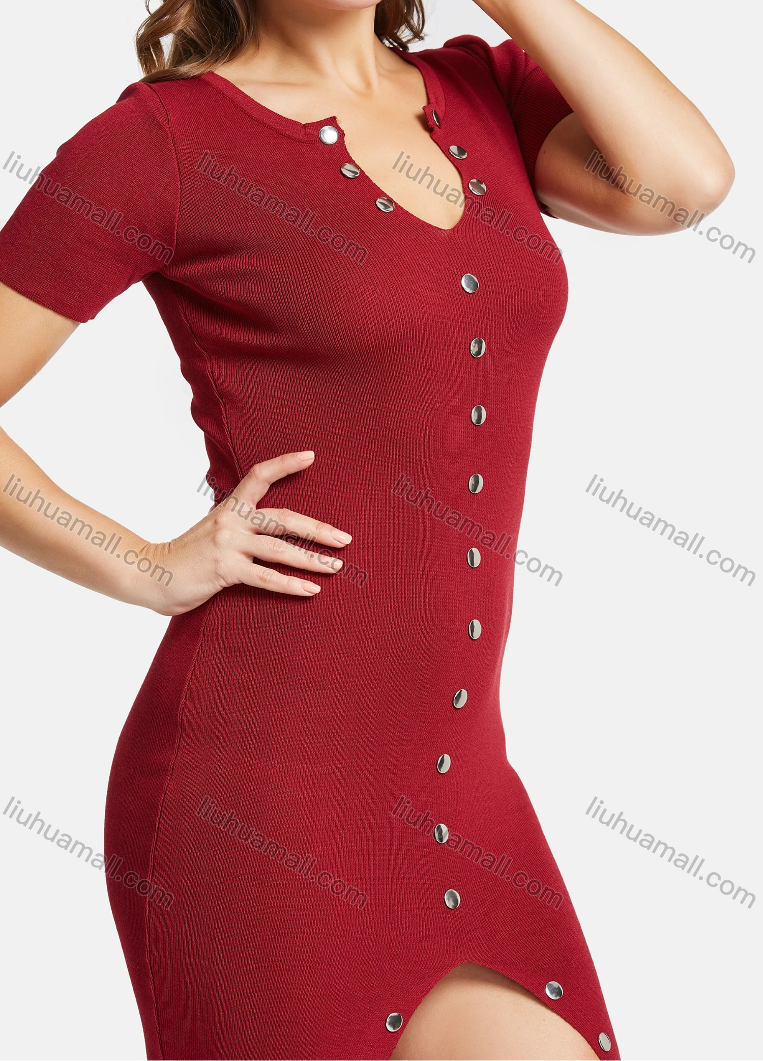 Wholesale Women's Notched Neck Short Sleeve Front Split Button Decro Slim Knit Short Dress 3120# - Liuhuamall