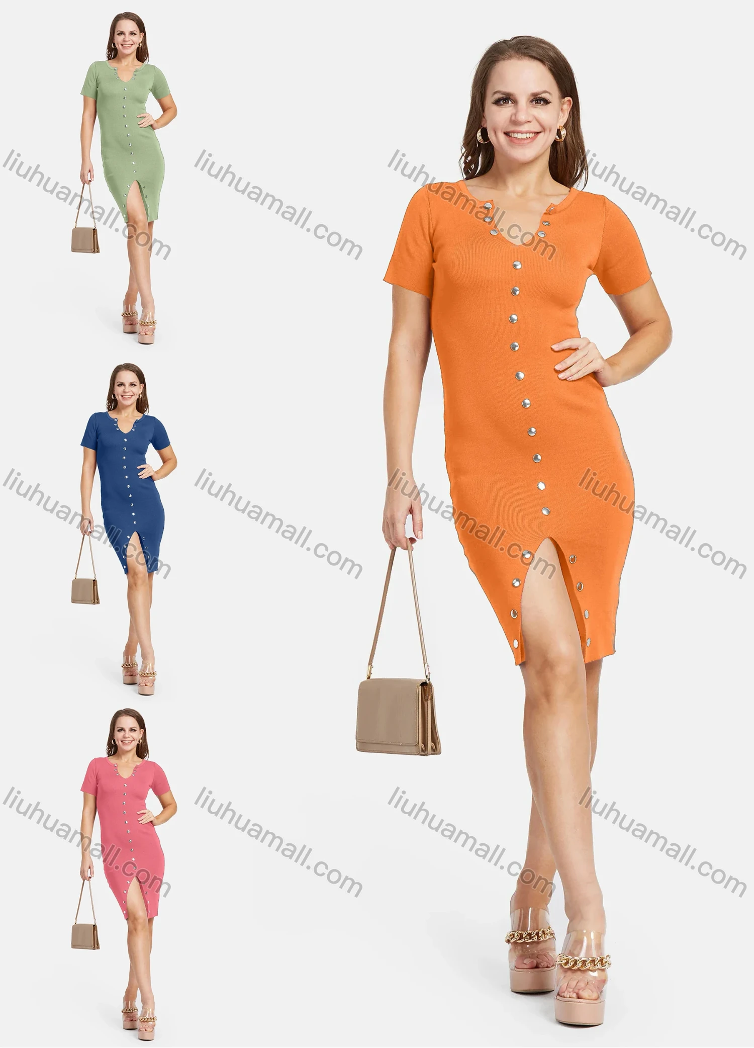 Wholesale Women's Notched Neck Short Sleeve Front Split Button Decro Slim Knit Short Dress 3120# - Liuhuamall