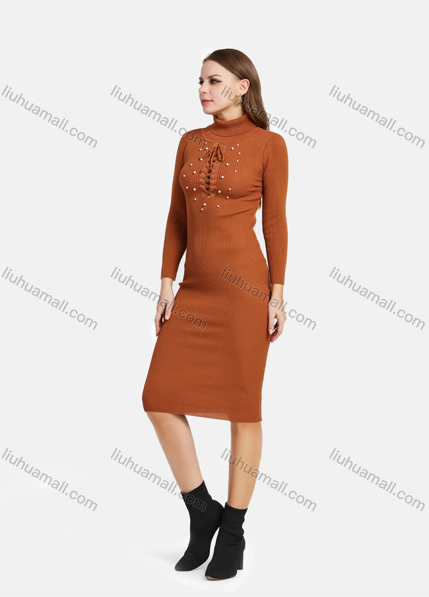Wholesale Women's Turtleneck High Neck Lace Up Pearl Decor Bodycon Knit Dress 2192# - Liuhuamall