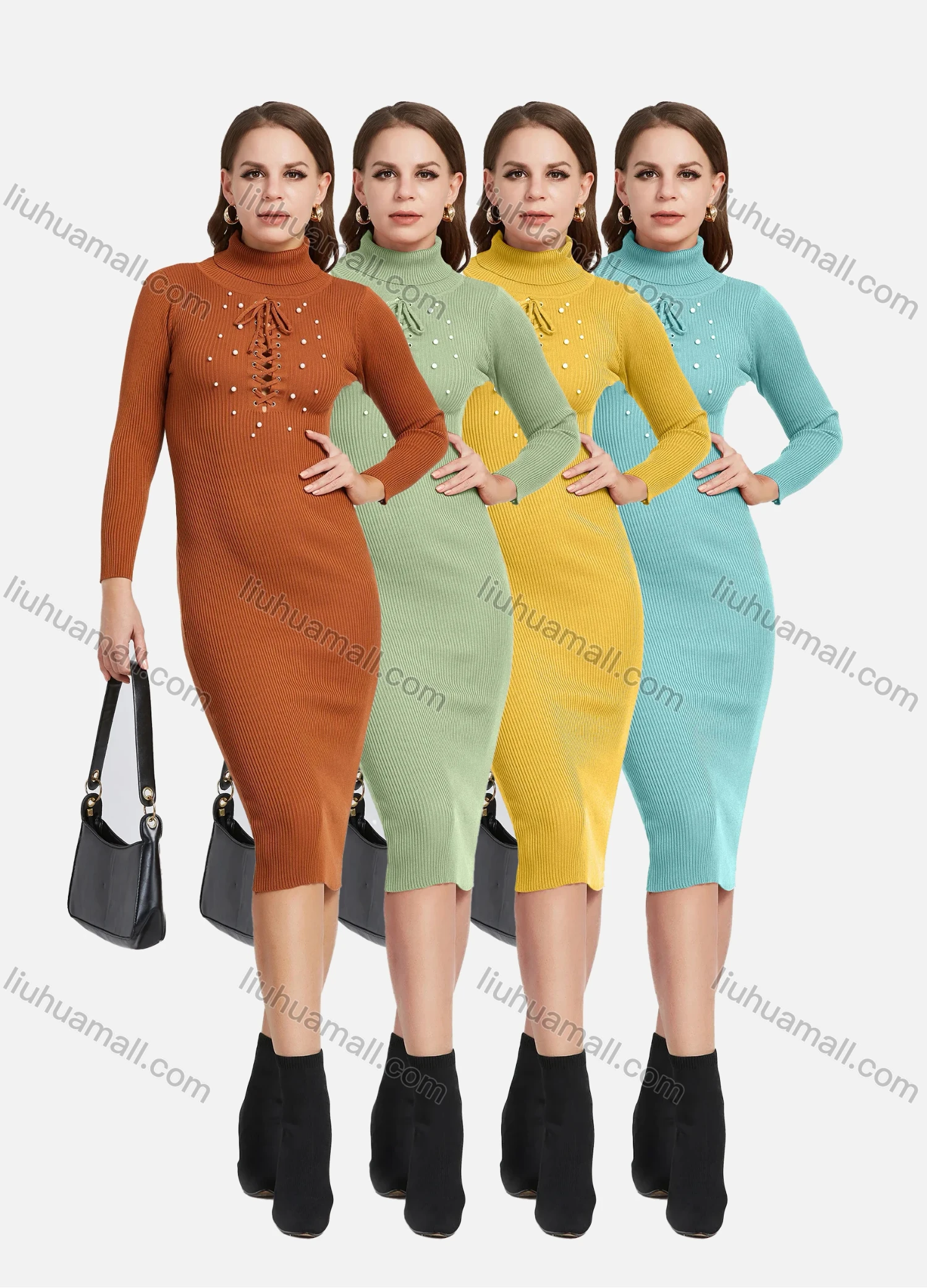 Wholesale Women's Turtleneck High Neck Lace Up Pearl Decor Bodycon Knit Dress 2192# - Liuhuamall