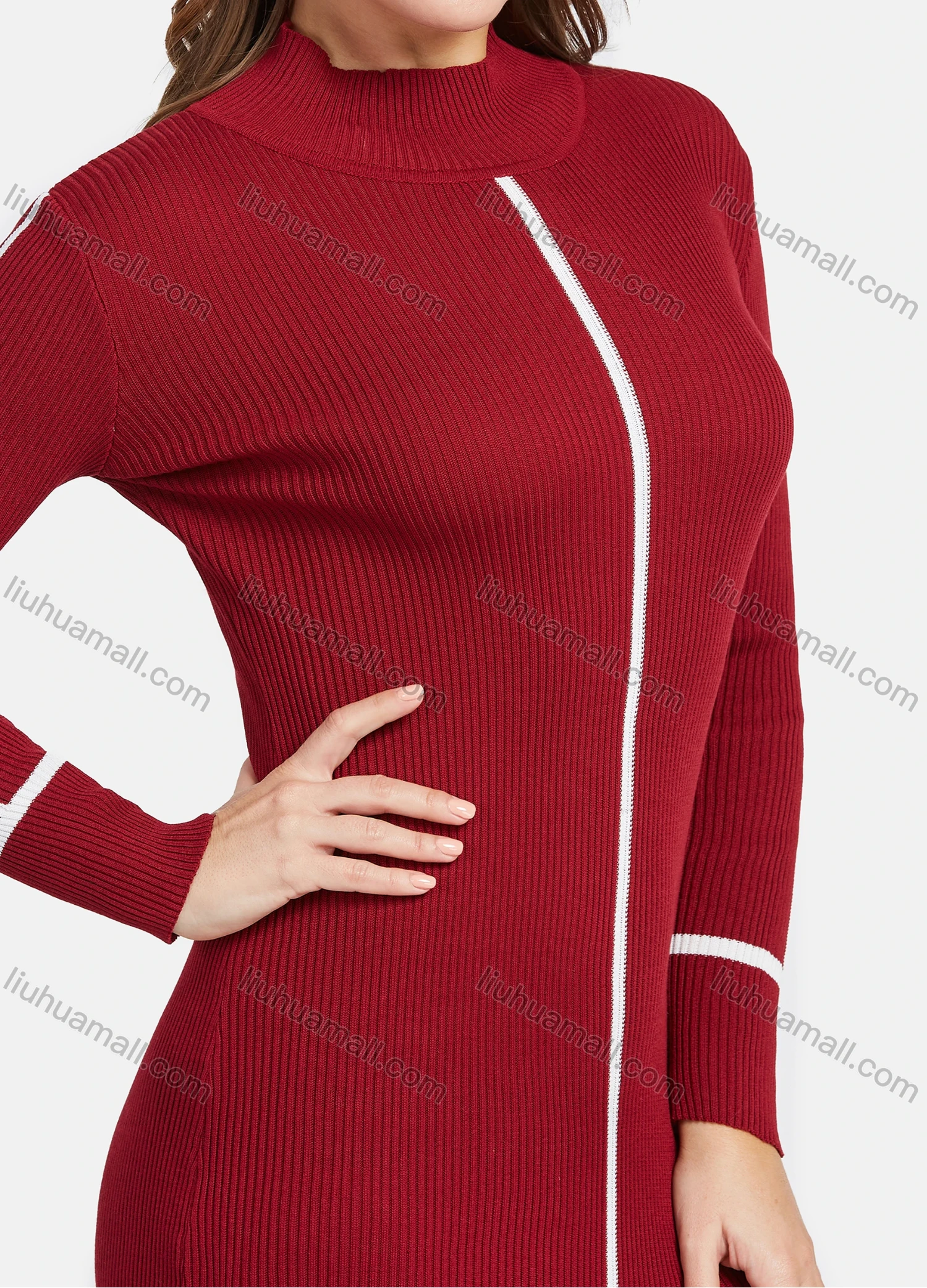 Wholesale Women's Casual Long Sleeve Mock Neck Striped Plain Slim Knit Midi Dress 0728# - Liuhuamall