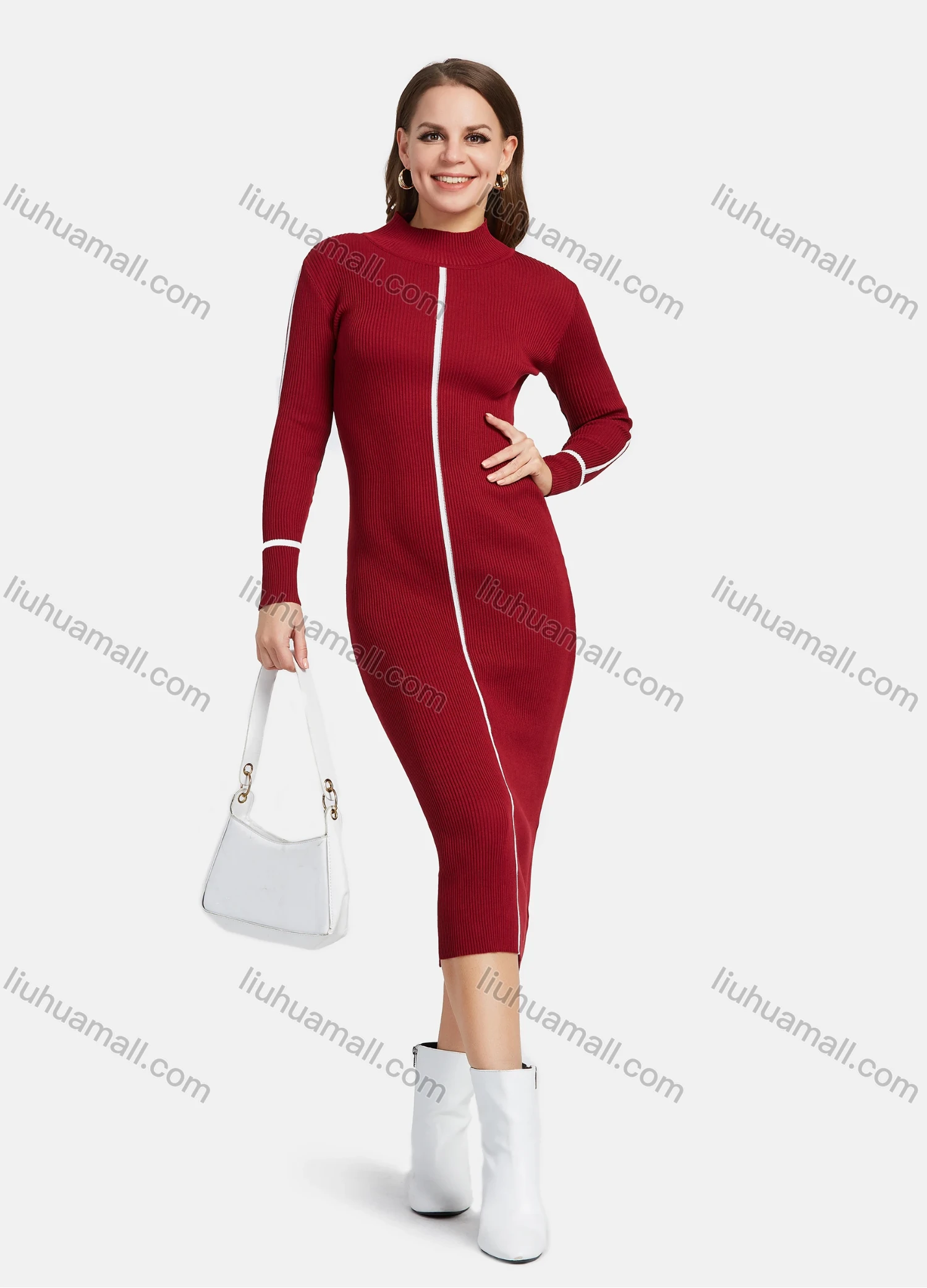Wholesale Women's Casual Long Sleeve Mock Neck Striped Plain Slim Knit Midi Dress 0728# - Liuhuamall