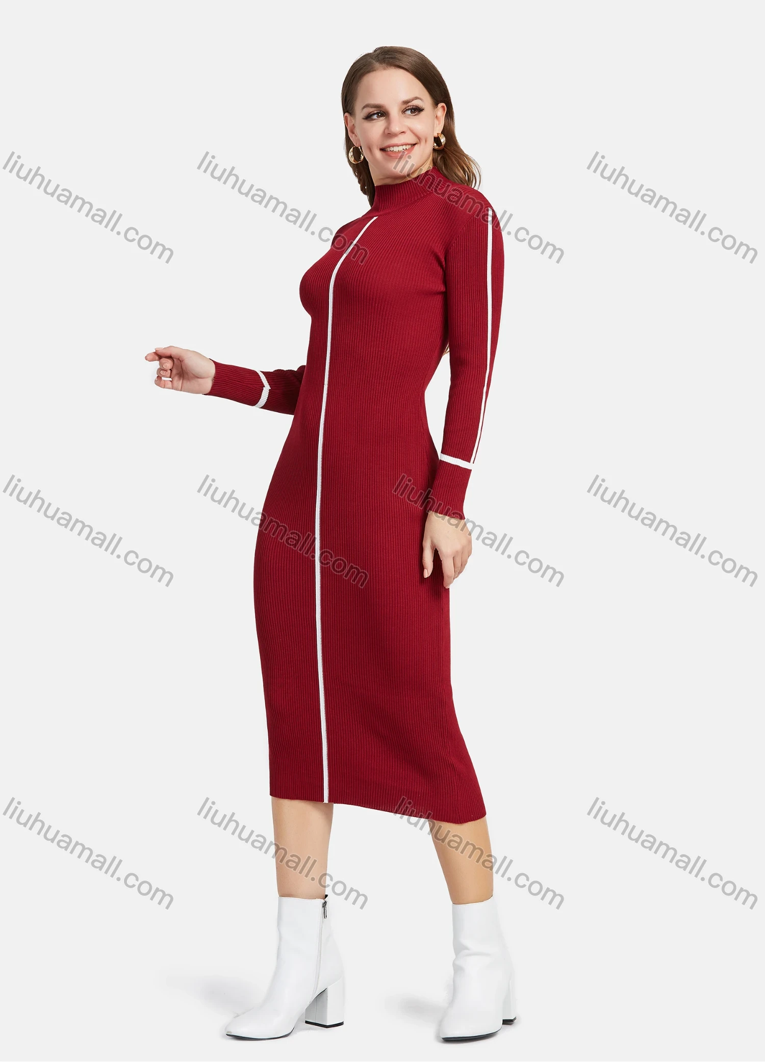 Wholesale Women's Casual Long Sleeve Mock Neck Striped Plain Slim Knit Midi Dress 0728# - Liuhuamall
