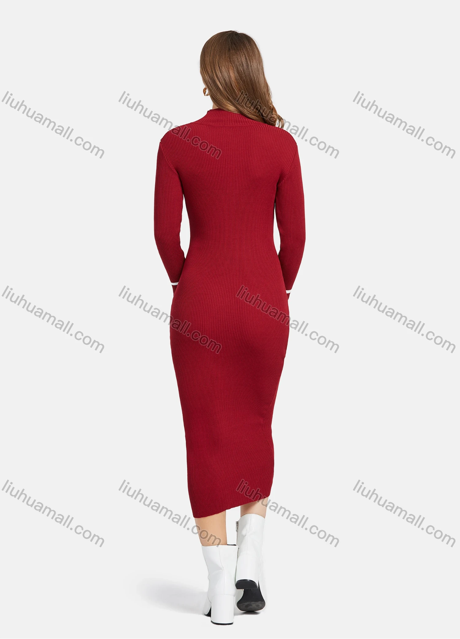 Wholesale Women's Casual Long Sleeve Mock Neck Striped Plain Slim Knit Midi Dress 0728# - Liuhuamall