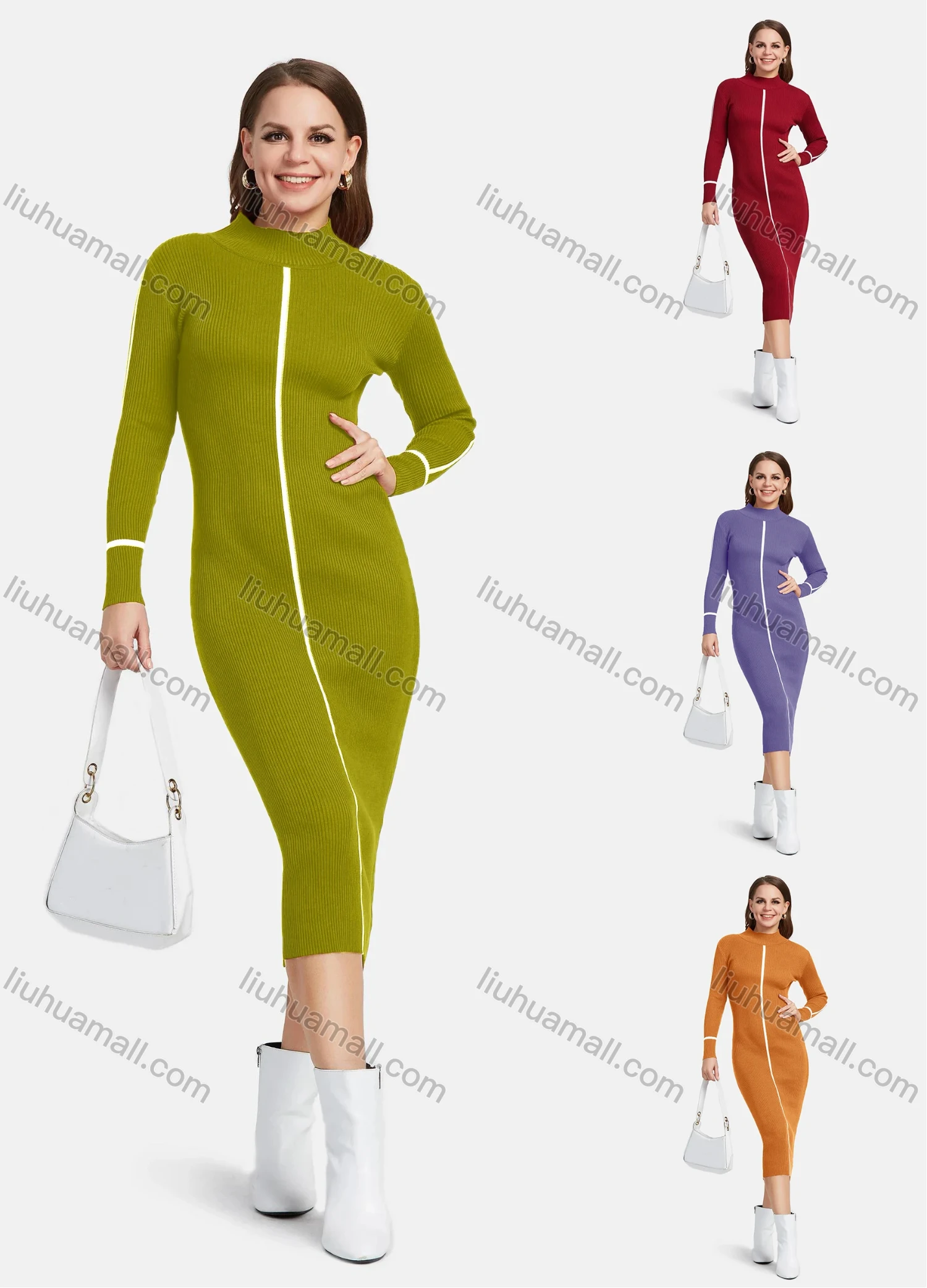 Wholesale Women's Casual Long Sleeve Mock Neck Striped Plain Slim Knit Midi Dress 0728# - Liuhuamall