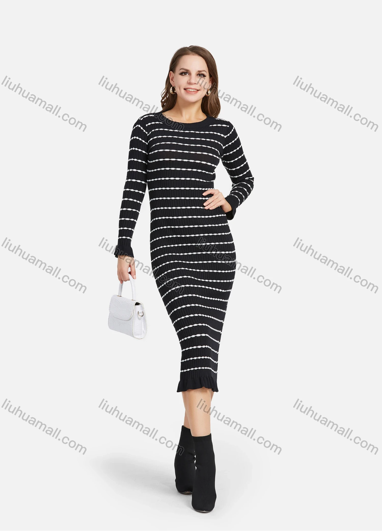 Wholesale Women's Casual Long Sleeve Round Neck Ruffle Hem Striped Slim Knit Midi Sweater Dress 2115# - Liuhuamall