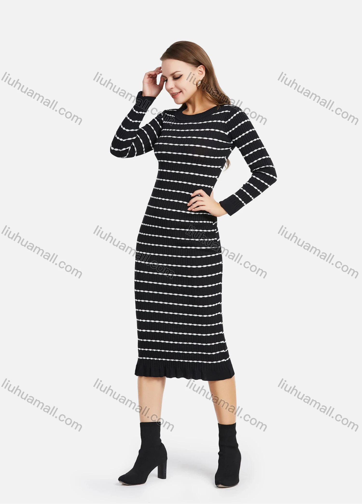 Wholesale Women's Casual Long Sleeve Round Neck Ruffle Hem Striped Slim Knit Midi Sweater Dress 2115# - Liuhuamall