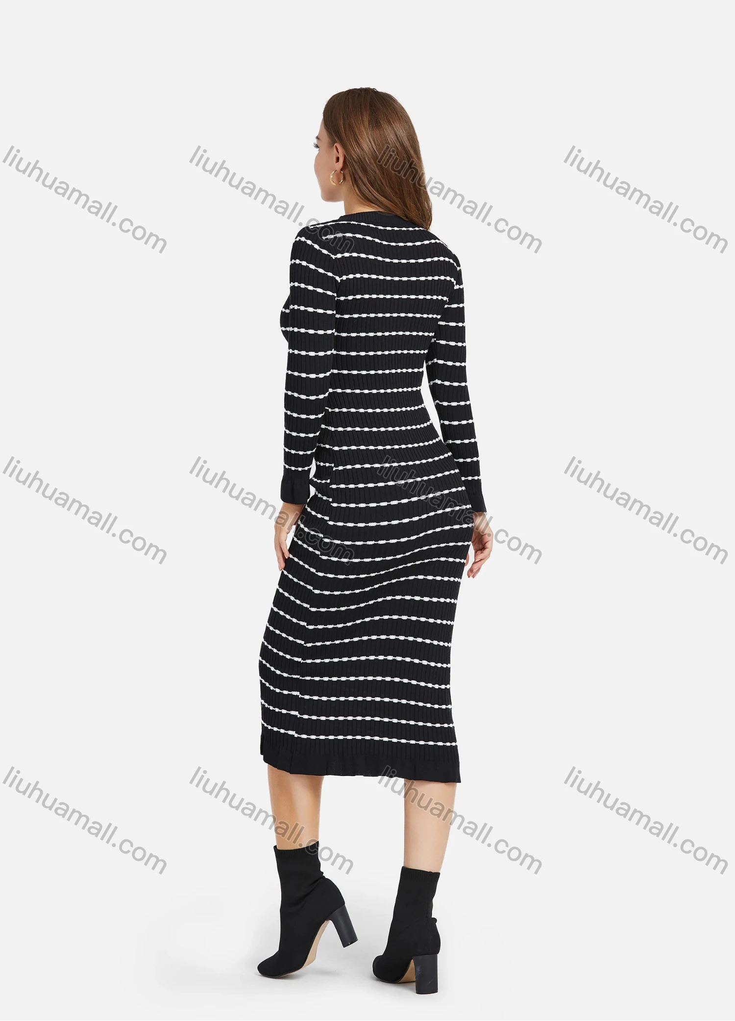 Wholesale Women's Casual Long Sleeve Round Neck Ruffle Hem Striped Slim Knit Midi Sweater Dress 2115# - Liuhuamall