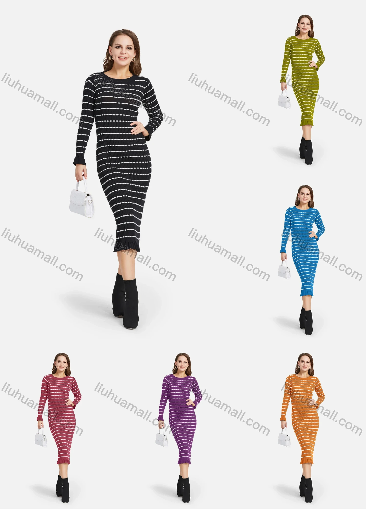 Wholesale Women's Casual Long Sleeve Round Neck Ruffle Hem Striped Slim Knit Midi Sweater Dress 2115# - Liuhuamall