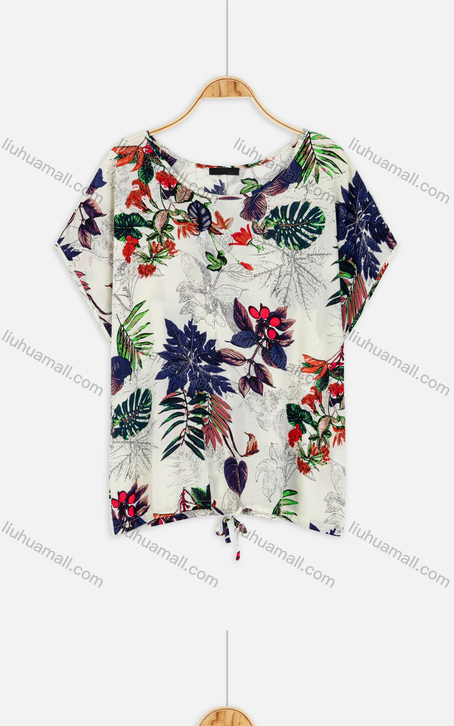 Wholesale Women's Vintage Floral Print Tie Hem Round Neck Blouse - Liuhuamall