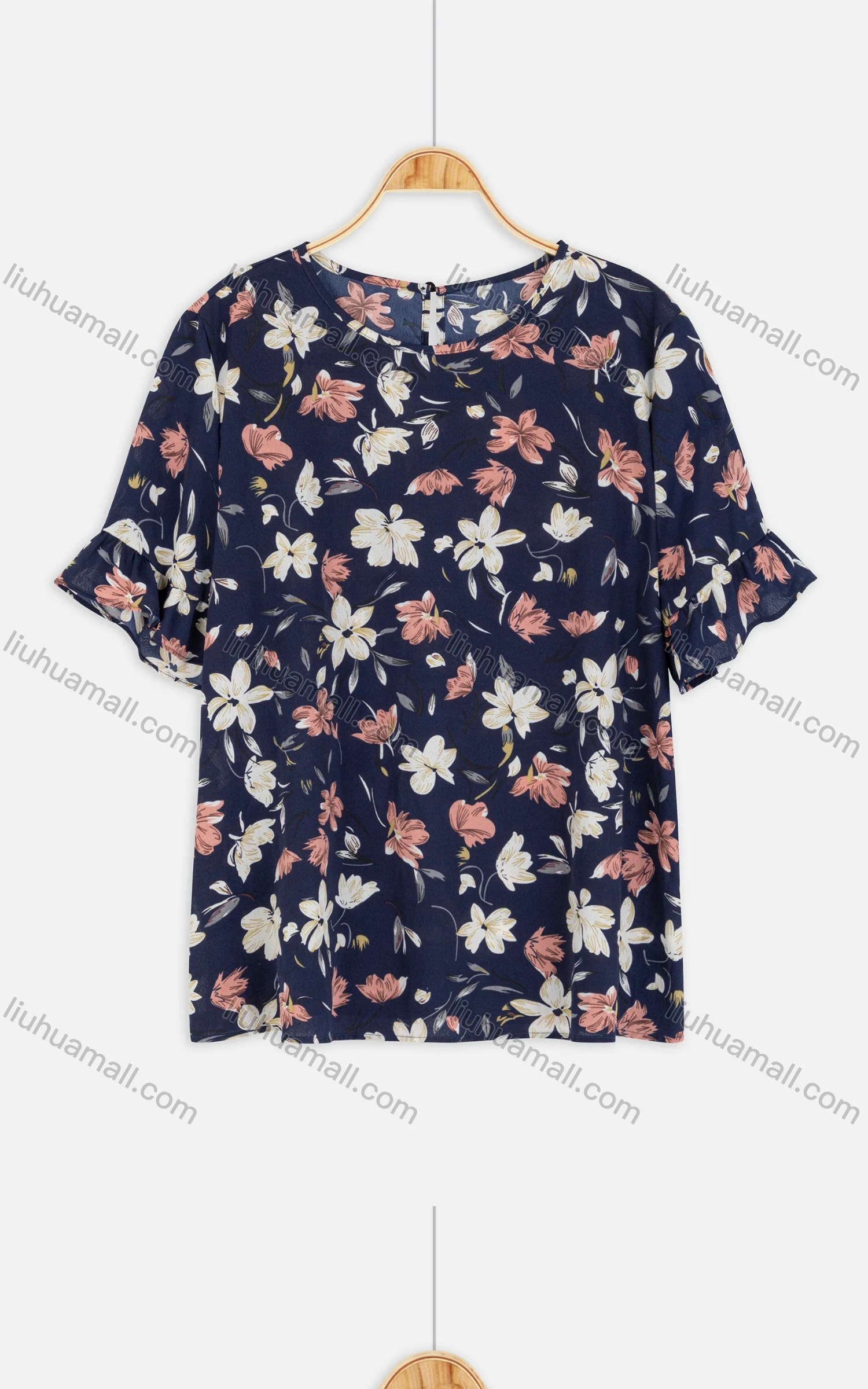 Wholesale Women's Casual Ruffle Sleeve Floral Keyhole Blouse - Liuhuamall