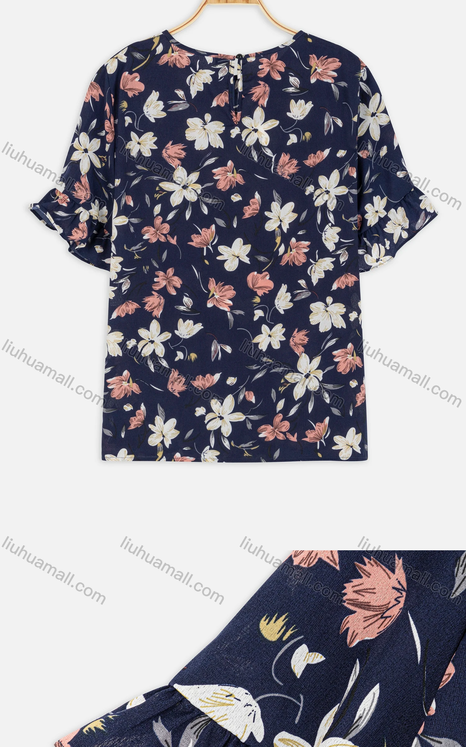 Wholesale Women's Casual Ruffle Sleeve Floral Keyhole Blouse - Liuhuamall