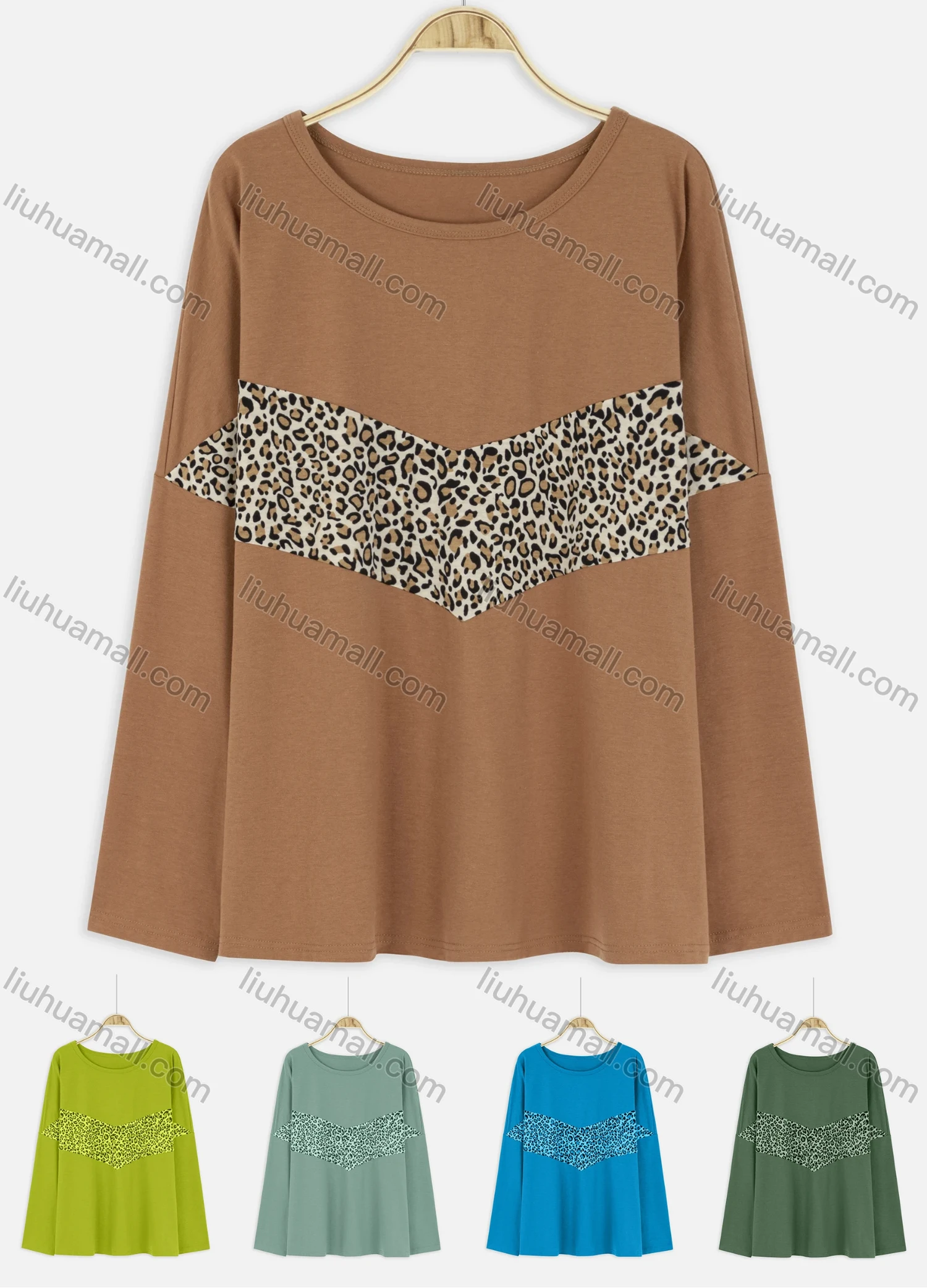 Wholesale Women's Casual Leopard Round Neck Long Sleeve Blouse - Liuhuamall
