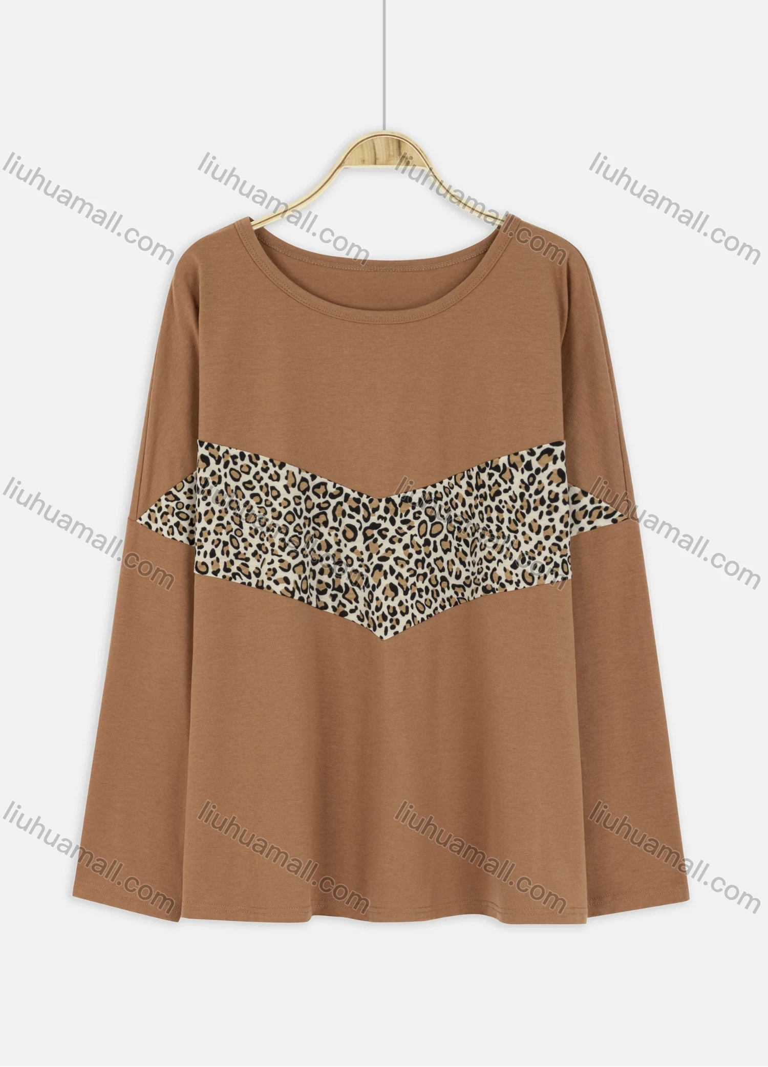 Wholesale Women's Casual Leopard Round Neck Long Sleeve Blouse - Liuhuamall