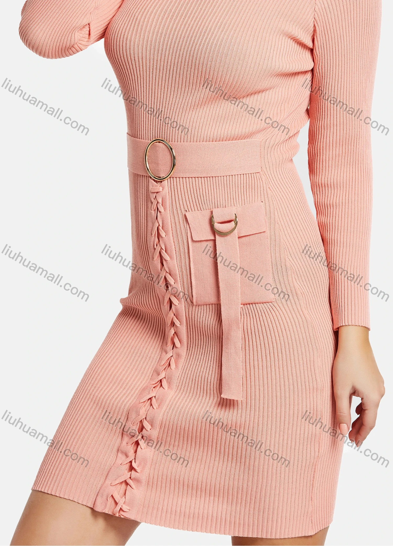 Wholesale Women's Elegant Long Sleeve Mock Neck Lace Up Slim Knit Short Dress With Belt 2112# - Liuhuamall