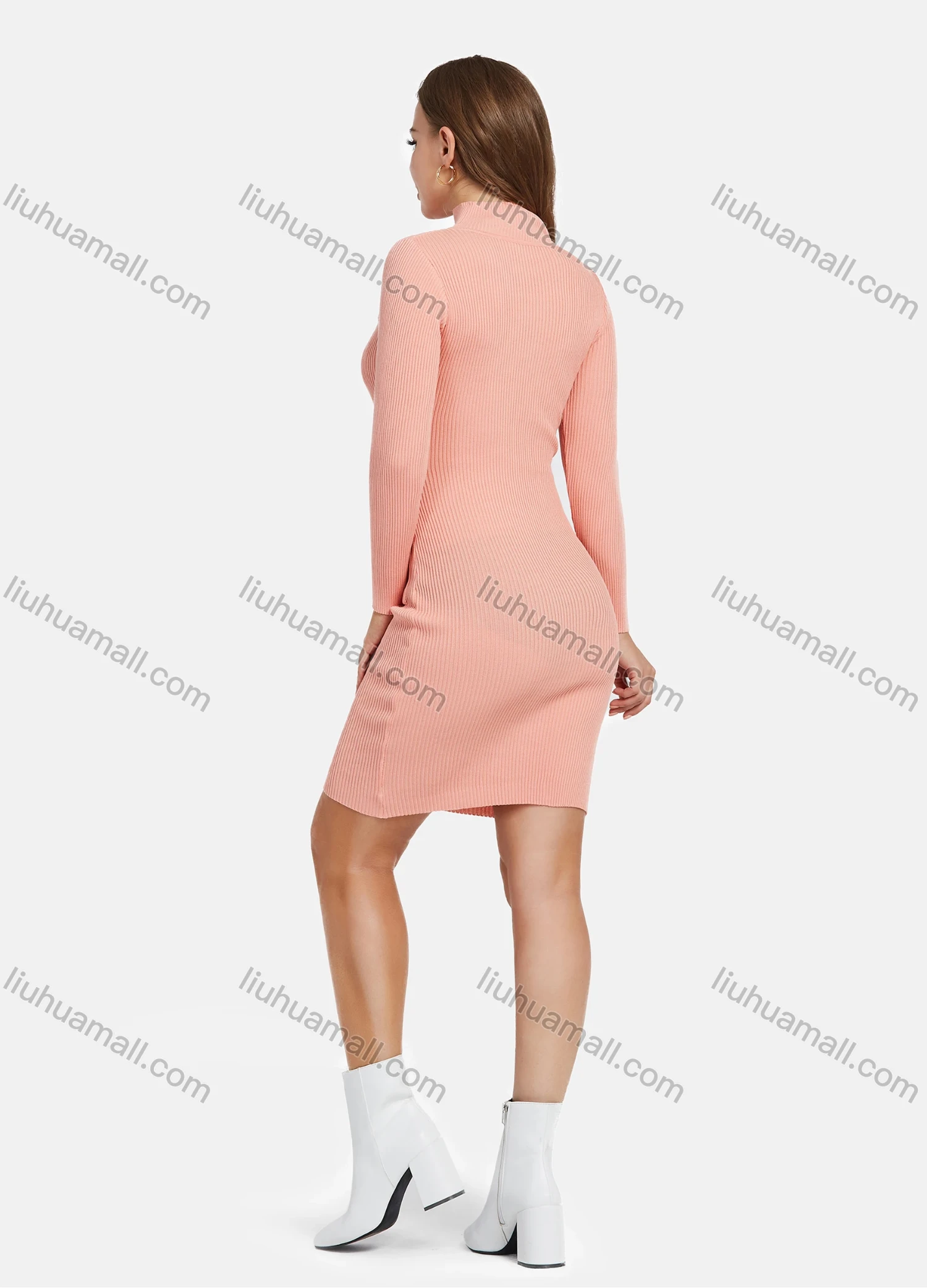 Wholesale Women's Elegant Long Sleeve Mock Neck Lace Up Slim Knit Short Dress With Belt 2112# - Liuhuamall