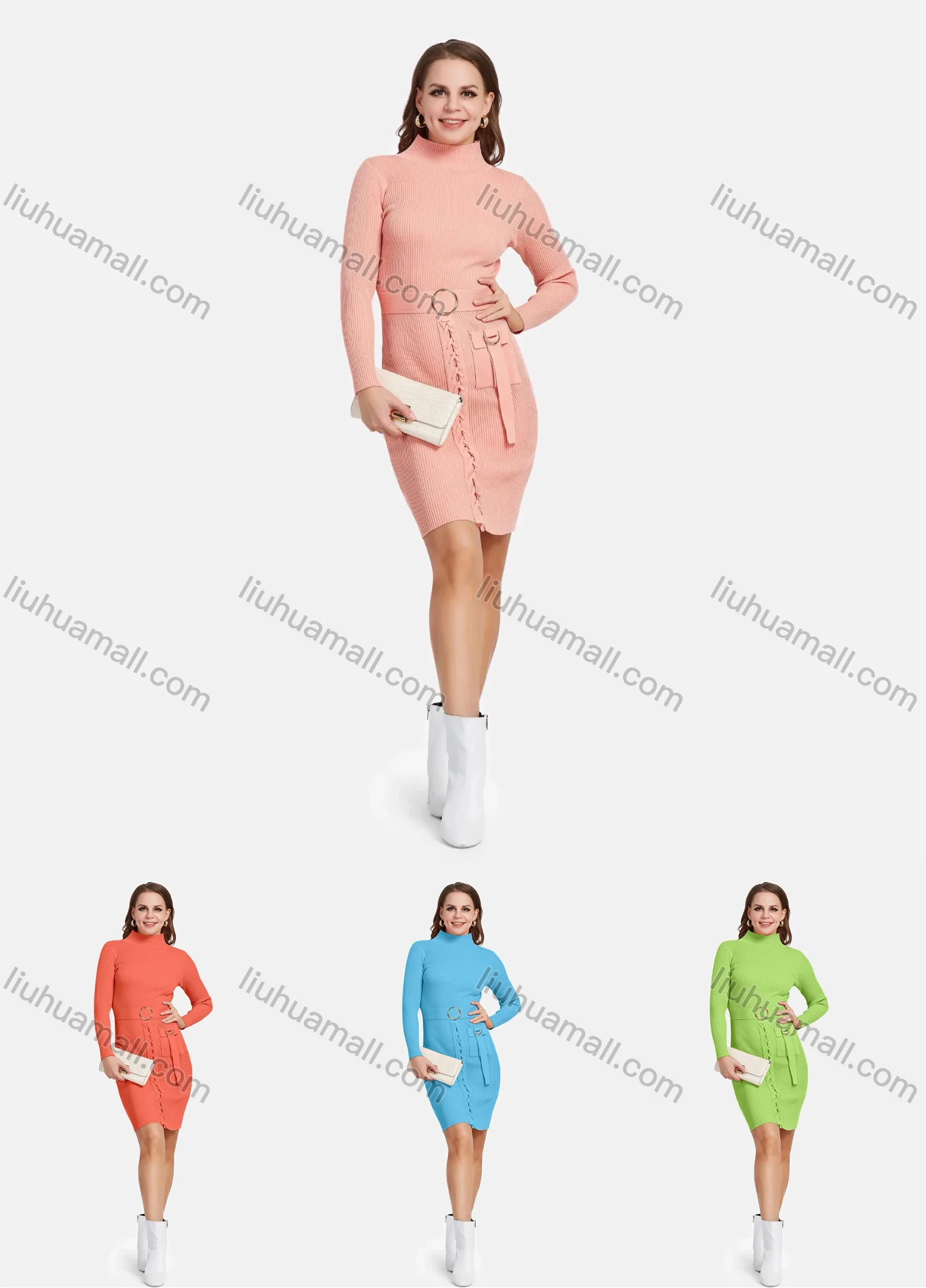 Wholesale Women's Elegant Long Sleeve Mock Neck Lace Up Slim Knit Short Dress With Belt 2112# - Liuhuamall