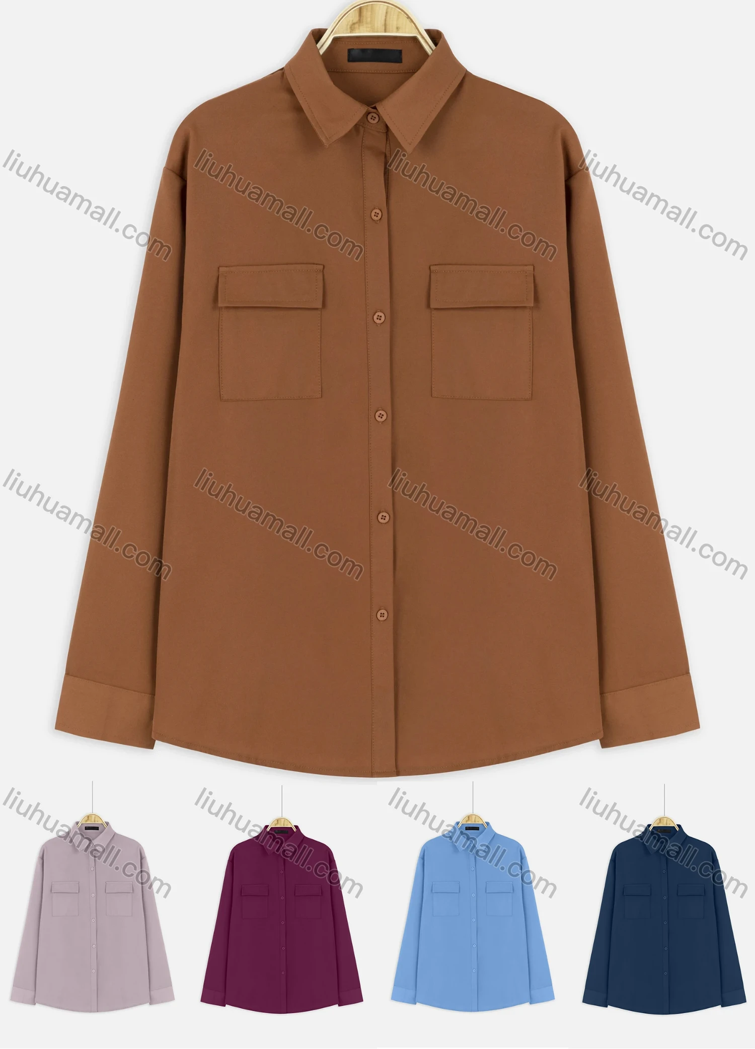 Wholesale Women's Long Sleeve Flap Pockets Button Up Plain Shirt - Liuhuamall