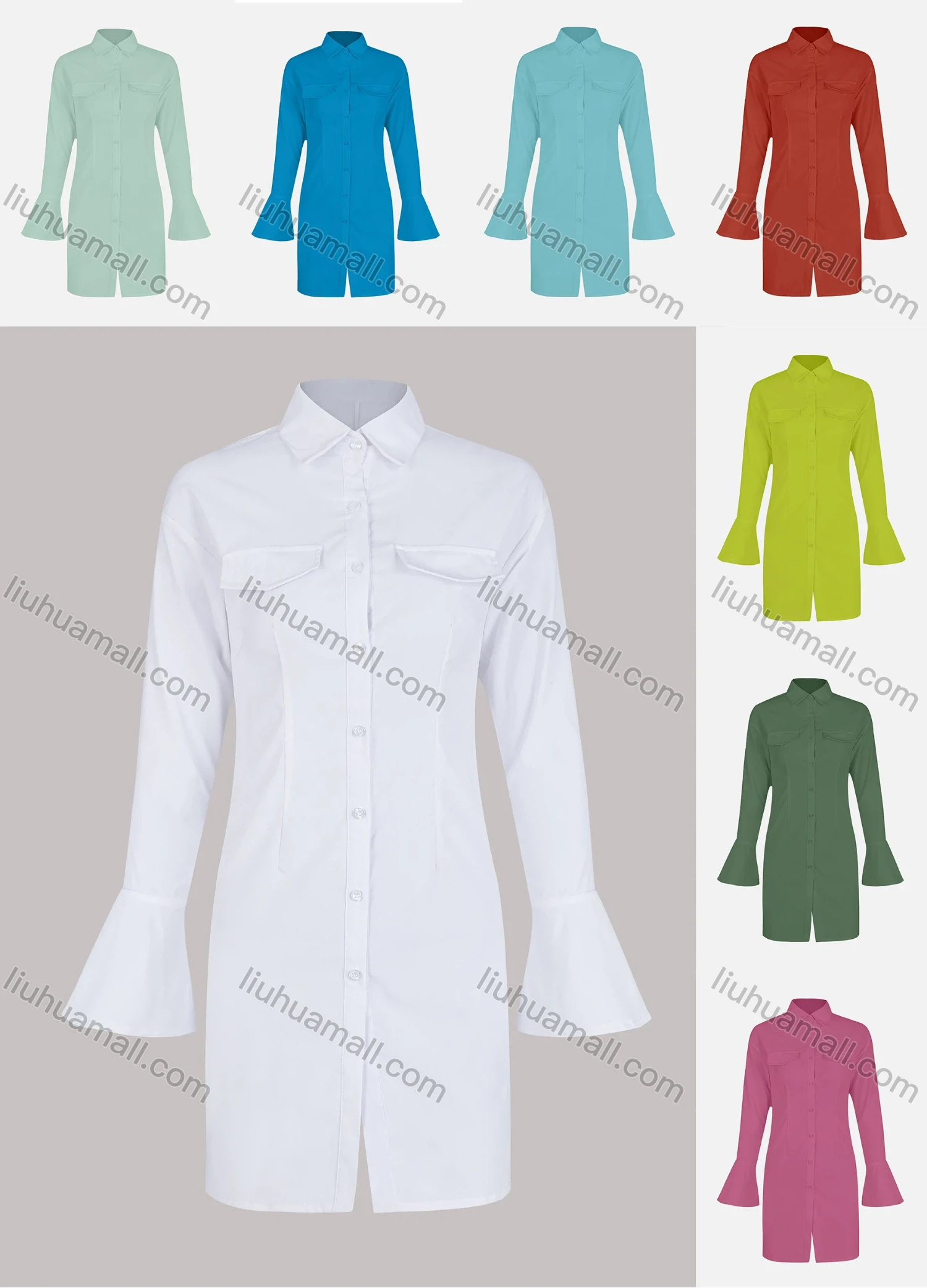 Wholesale Women's Casual Plain Button Down Flap Pockets Bell Sleeve Shirt Dress - Liuhuamall