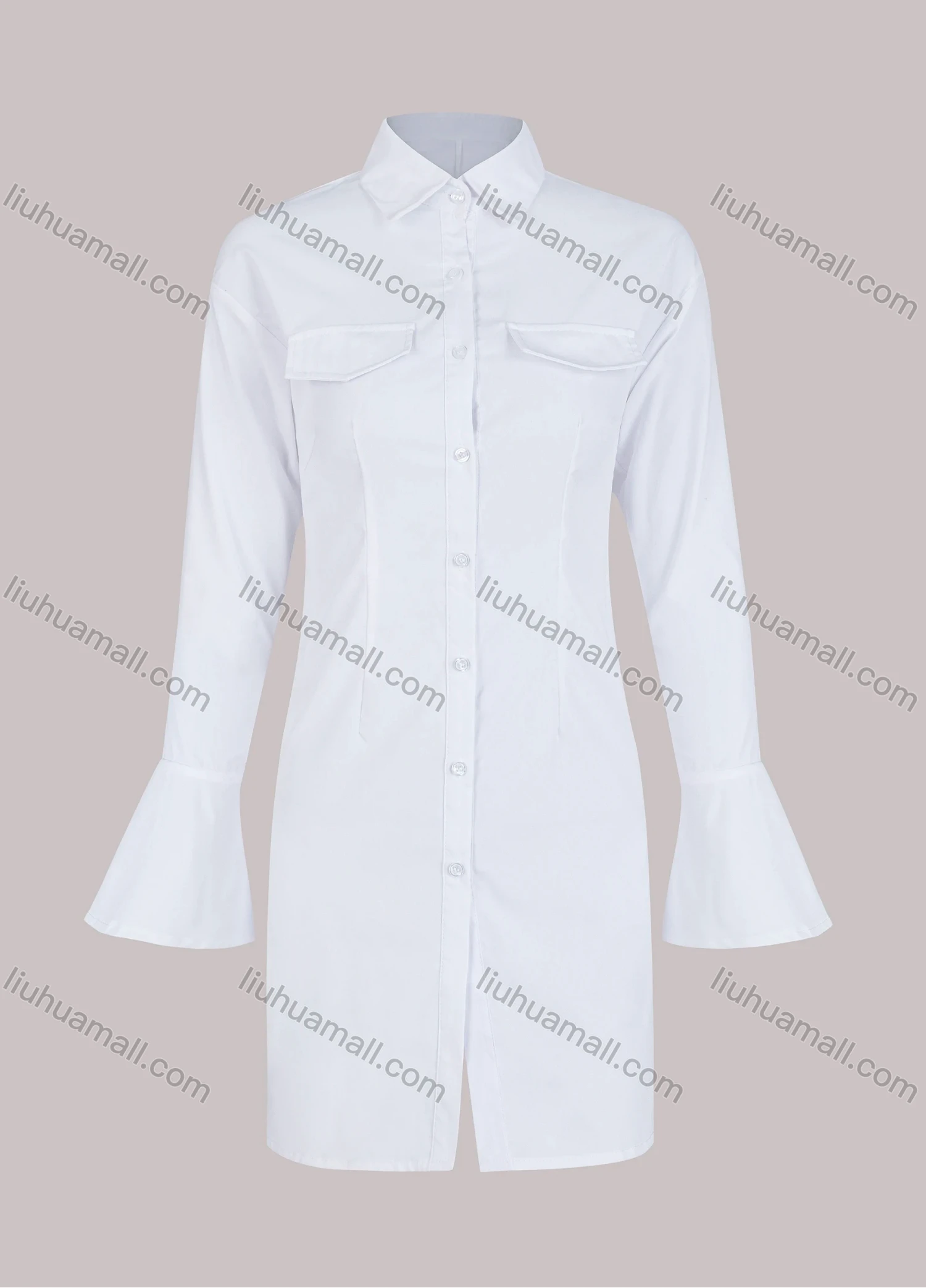 Wholesale Women's Casual Plain Button Down Flap Pockets Bell Sleeve Shirt Dress - Liuhuamall
