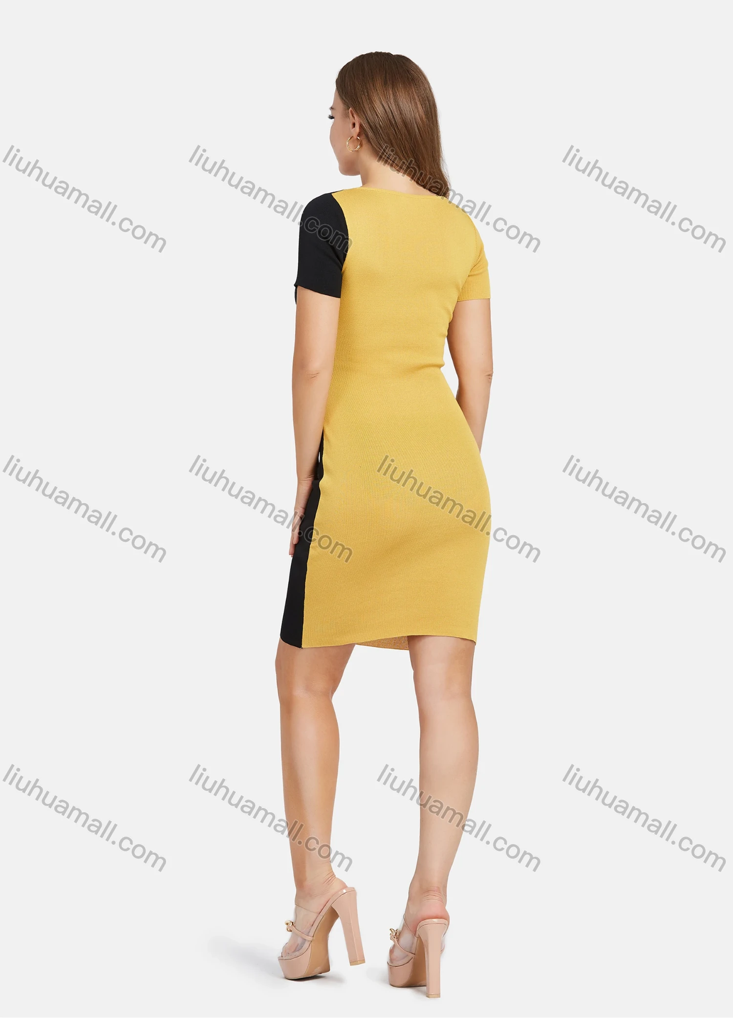 Wholesale Women's Elegant V Neck Short Sleeve Colorblock Slim Fit Knit Short Pencil Dress 2111# - Liuhuamall