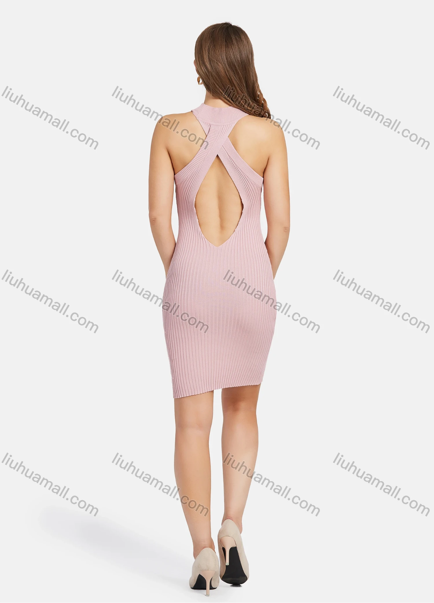 Wholesale Women's Sleeveless Ribbed Cross Back Hollow Out Plain Bodycon Knit Short Dress 2156# - Liuhuamall