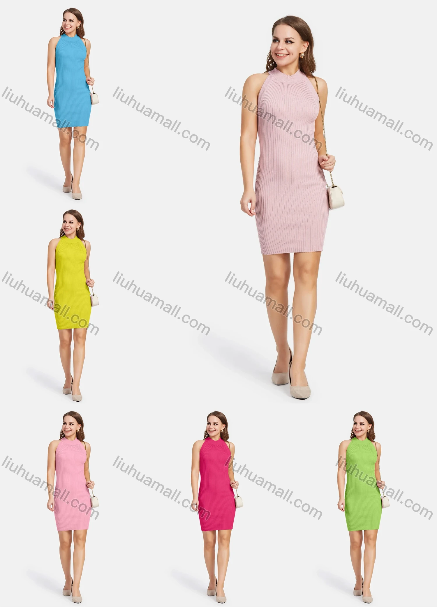 Wholesale Women's Sleeveless Ribbed Cross Back Hollow Out Plain Bodycon Knit Short Dress 2156# - Liuhuamall