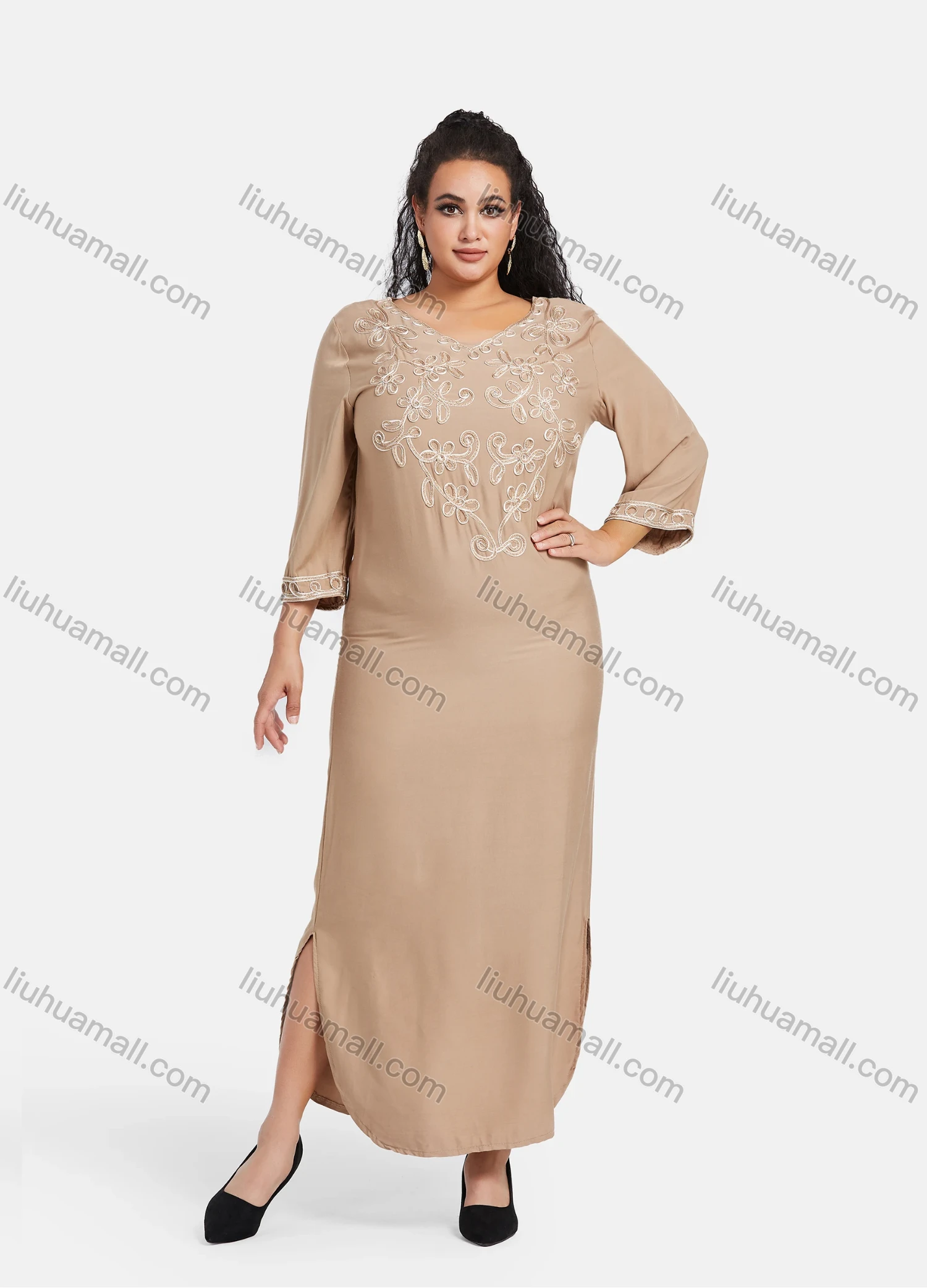 Wholesale Women's African Embroidery Robe 3/4 Sleeve Split Side Curved Hem Maxi Dress - Liuhuamall