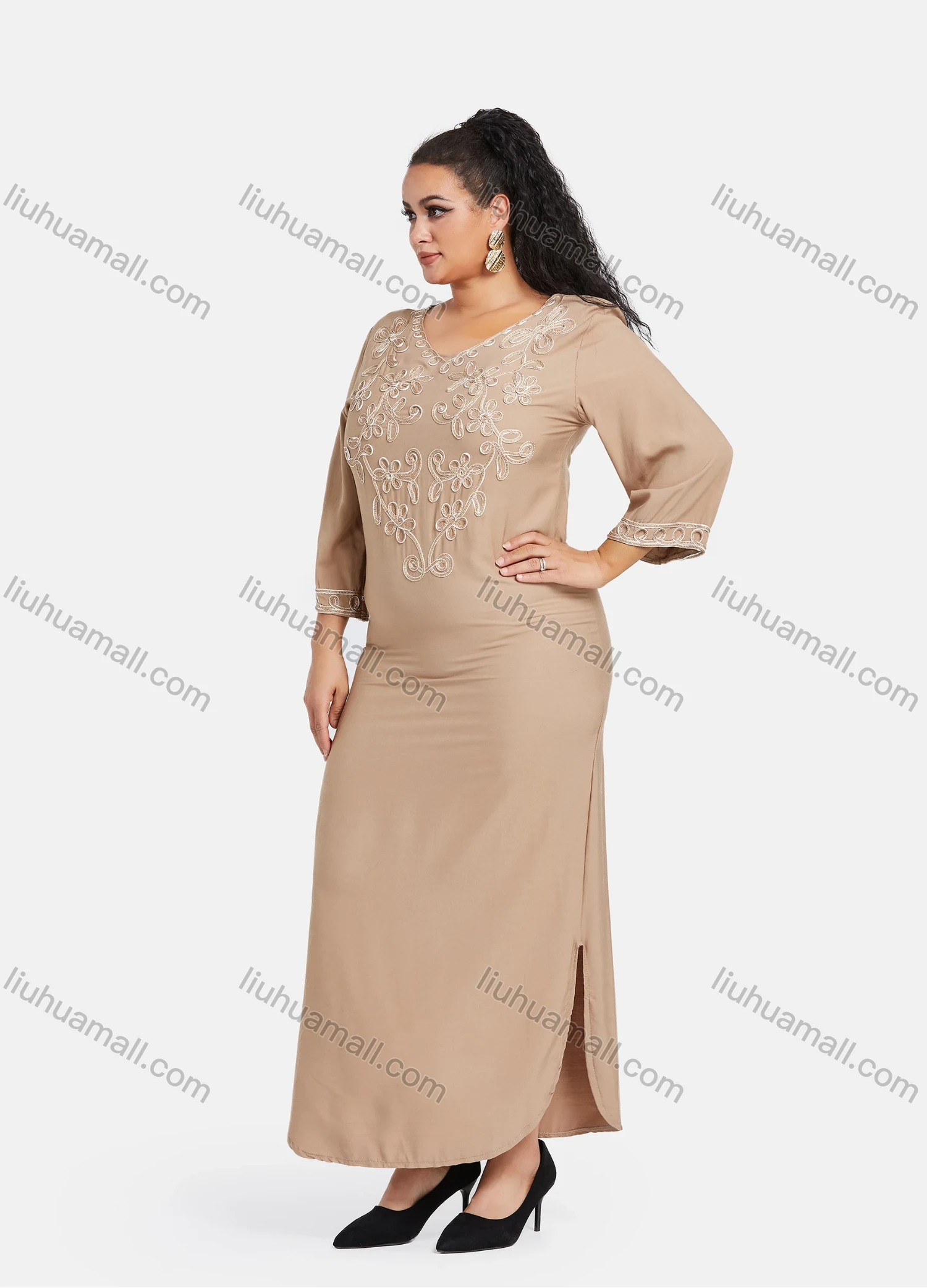 Wholesale Women's African Embroidery Robe 3/4 Sleeve Split Side Curved Hem Maxi Dress - Liuhuamall