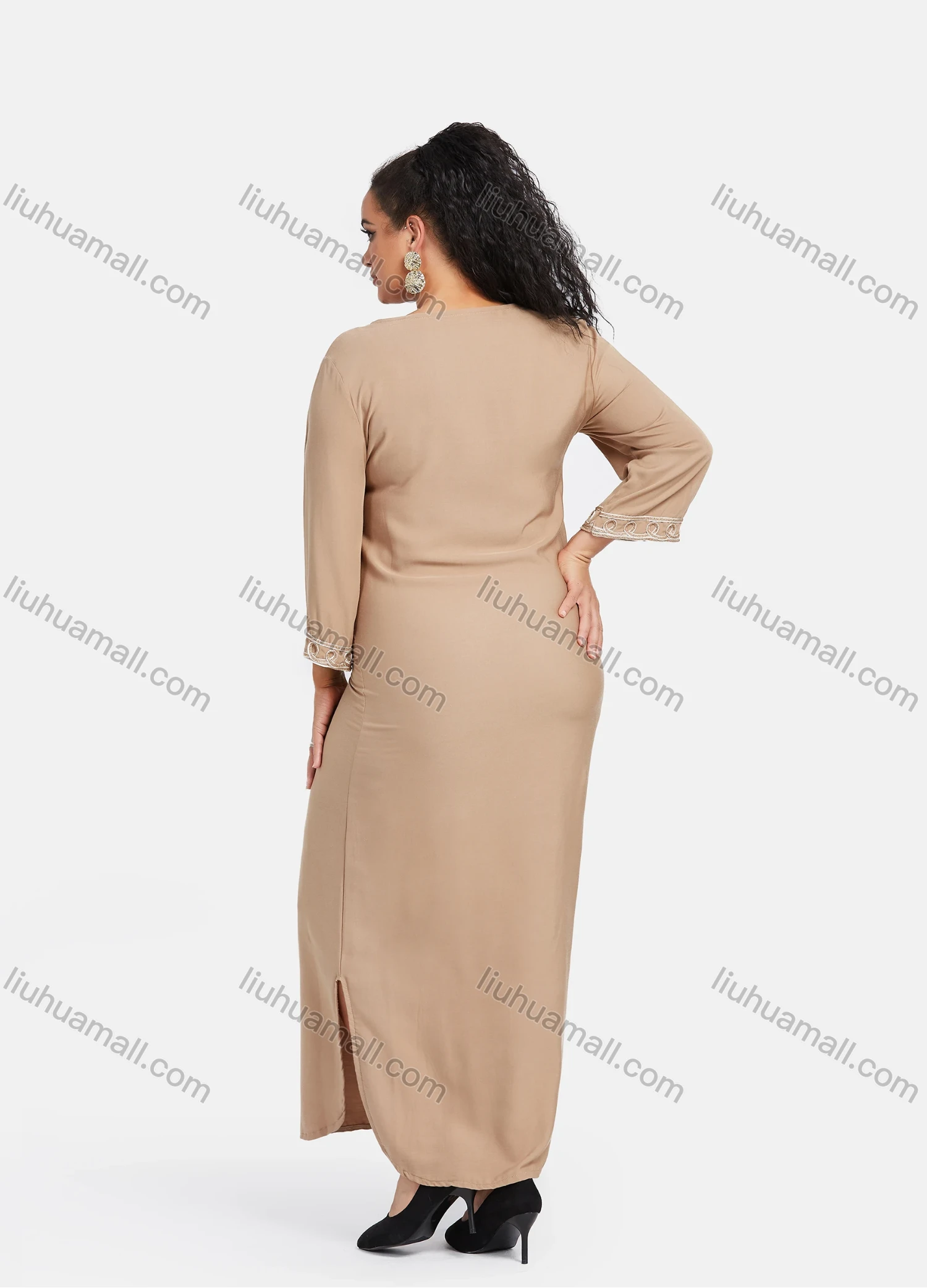 Wholesale Women's African Embroidery Robe 3/4 Sleeve Split Side Curved Hem Maxi Dress - Liuhuamall