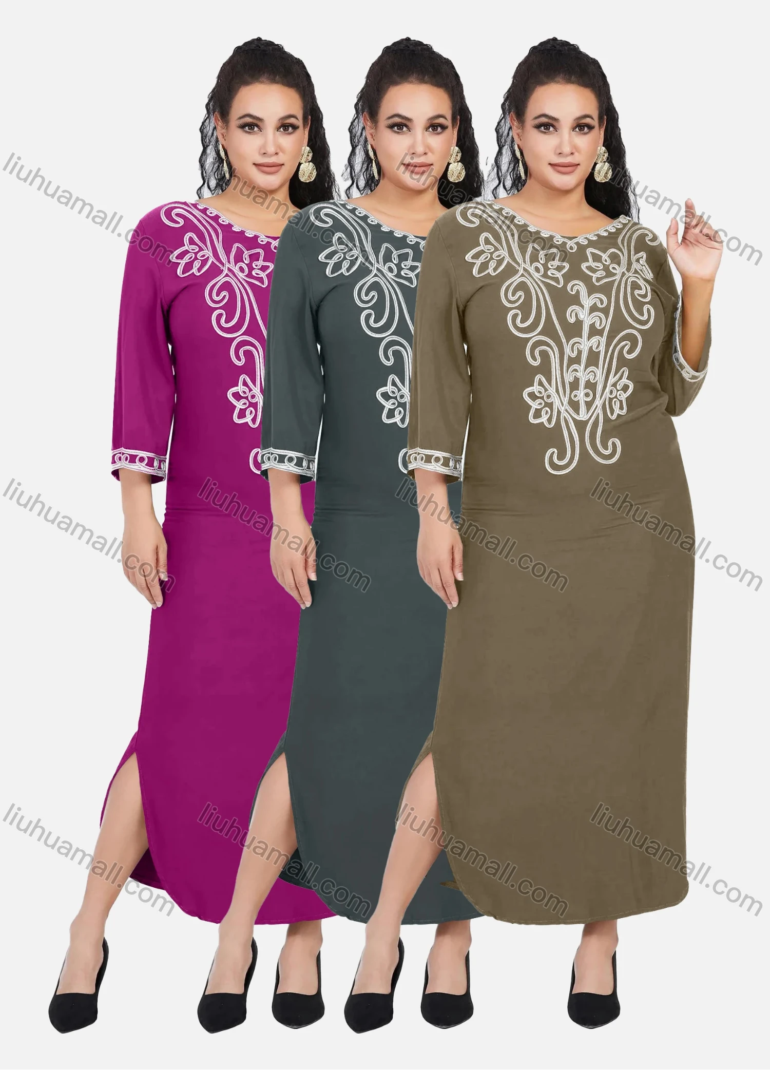 Wholesale Women's African Embroidery Robe 3/4 Sleeve Split Side Curved Hem Maxi Dress - Liuhuamall