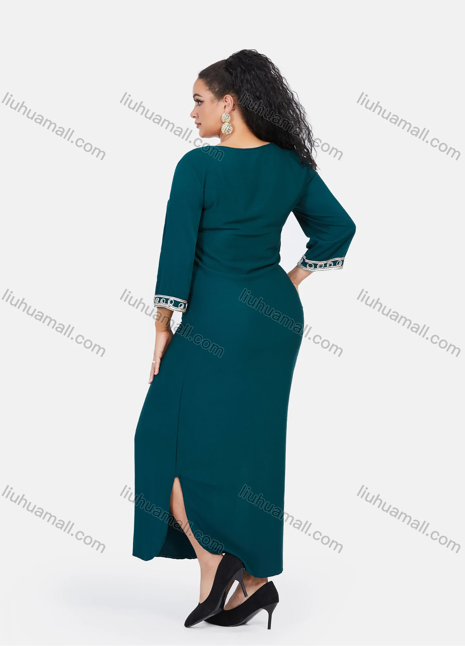 Wholesale Women's African Embroidery Robe 3/4 Sleeve Split Side Curved Hem Maxi Dress - Liuhuamall
