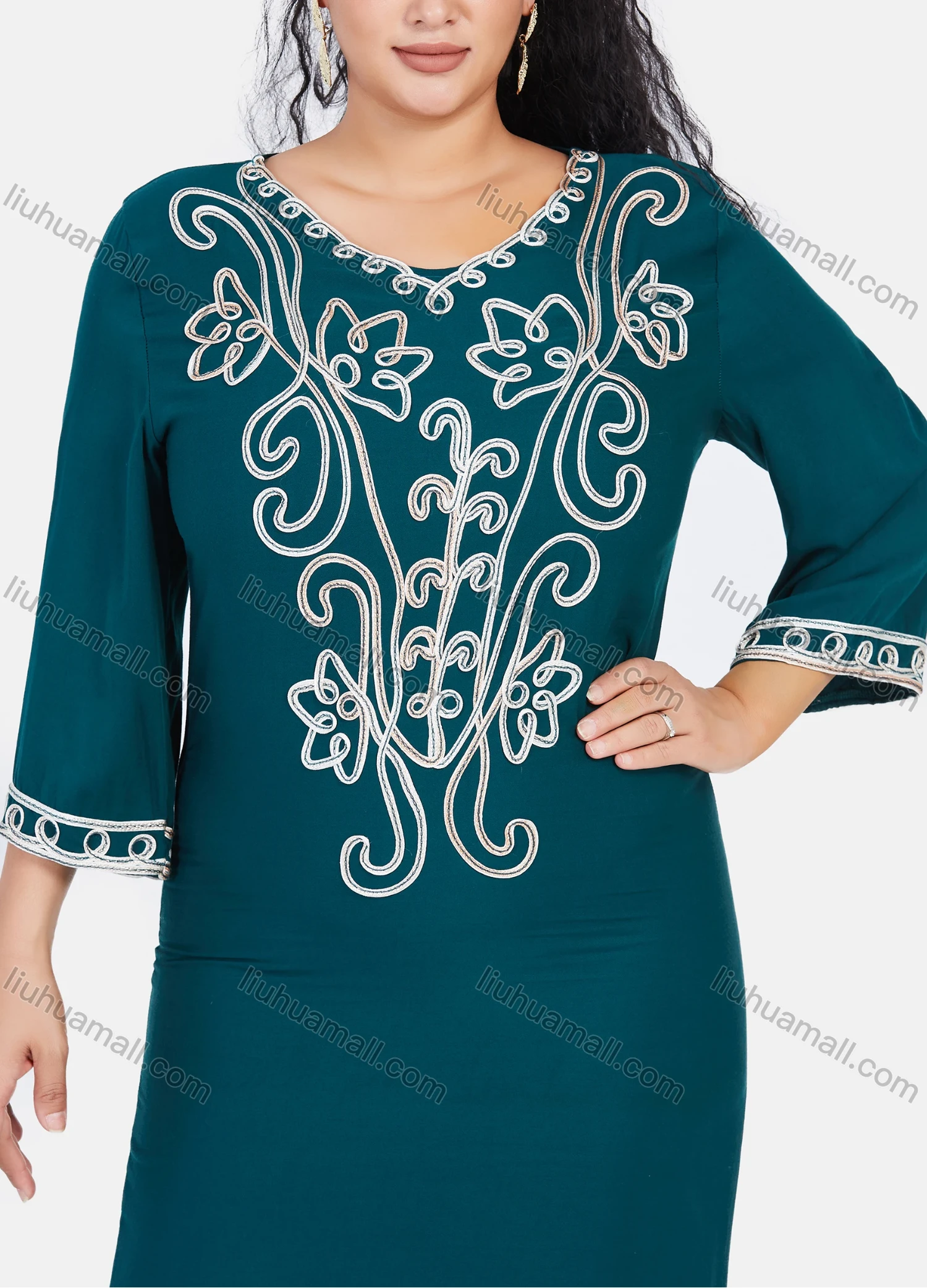 Wholesale Women's African Embroidery Robe 3/4 Sleeve Split Side Curved Hem Maxi Dress - Liuhuamall