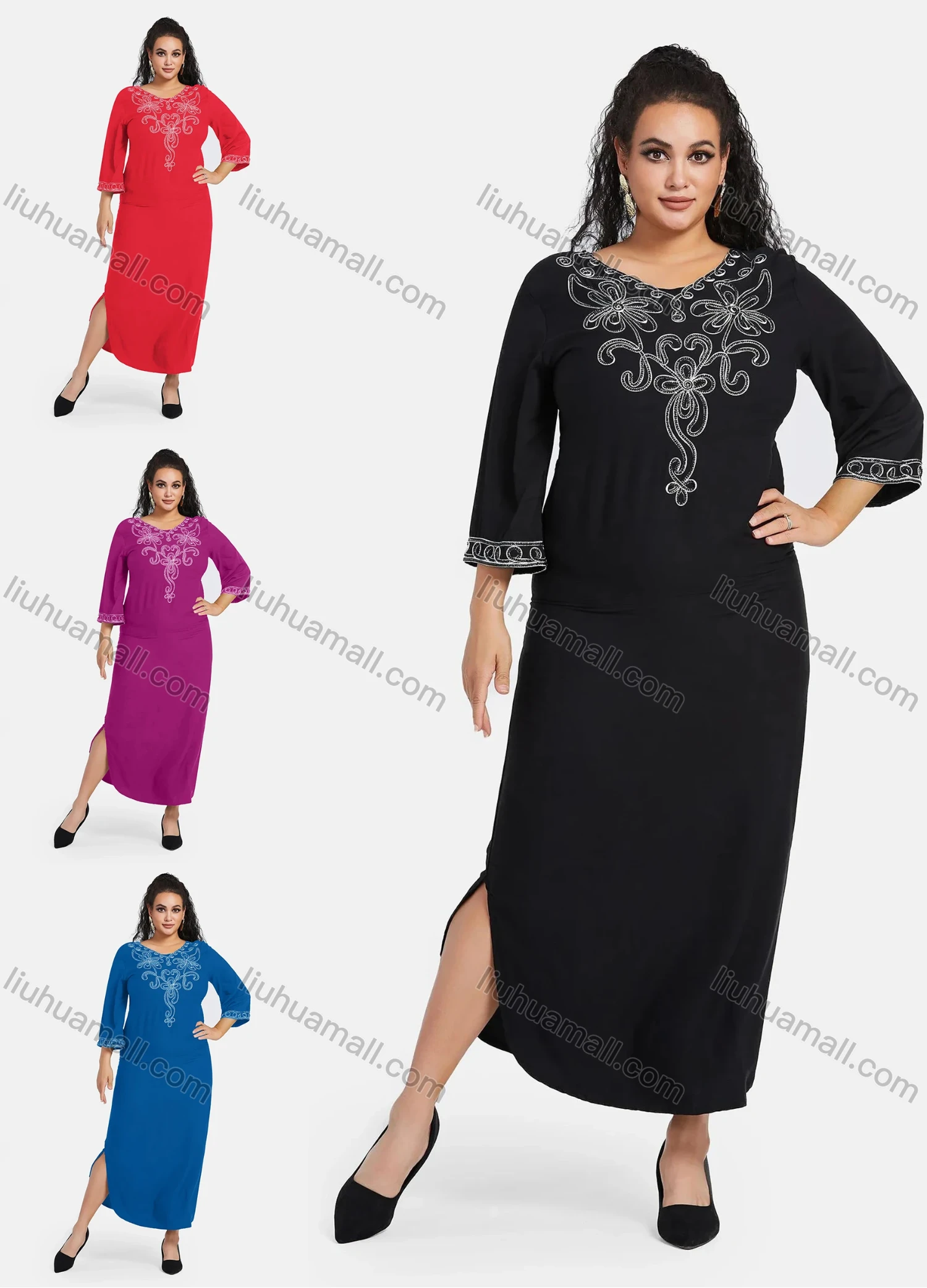 Wholesale Women's African Embroidery Robe 3/4 Sleeve Split Side Curved Hem Maxi Dress - Liuhuamall