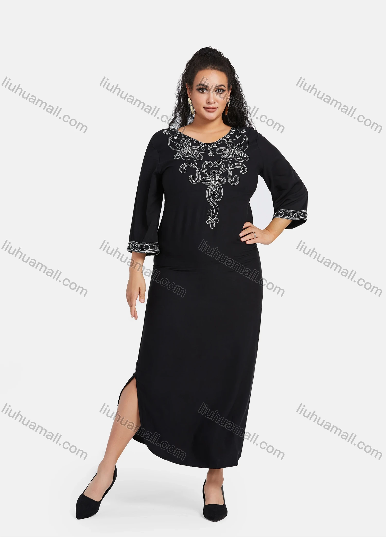 Wholesale Women's African Embroidery Robe 3/4 Sleeve Split Side Curved Hem Maxi Dress - Liuhuamall