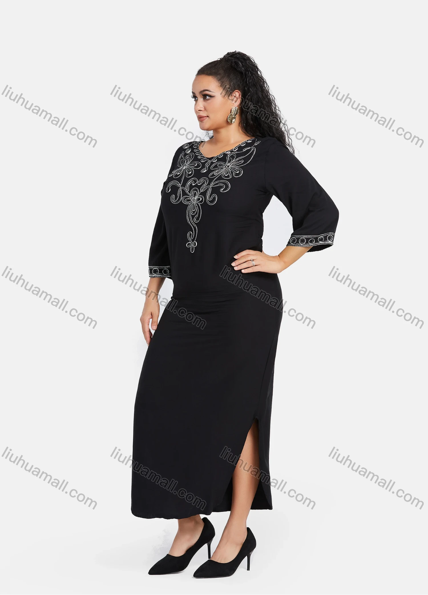 Wholesale Women's African Embroidery Robe 3/4 Sleeve Split Side Curved Hem Maxi Dress - Liuhuamall