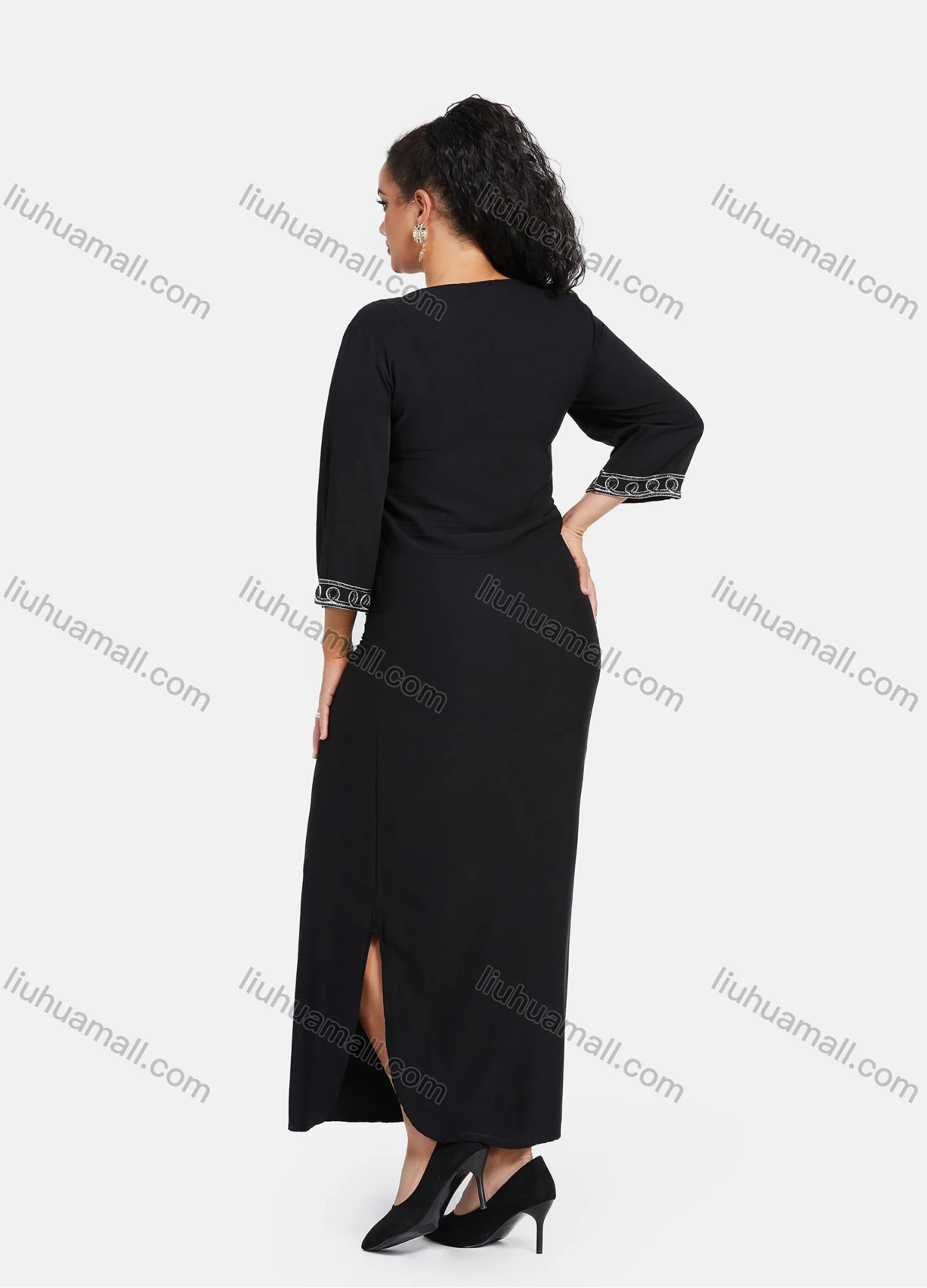 Wholesale Women's African Embroidery Robe 3/4 Sleeve Split Side Curved Hem Maxi Dress - Liuhuamall